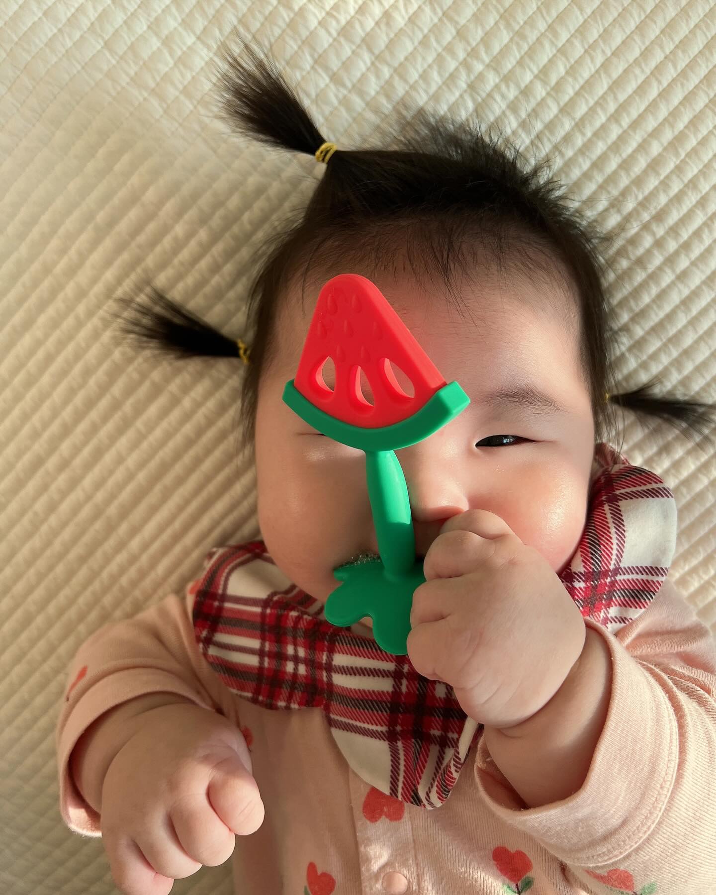 #5개월 

하늘로 솟구치는 머리를 주체할 수 없어 묶어주기 시작!
진작 묶어줄걸!!!
뒷통수 중간엔 머리가 없고 맥가이버마냥, 혹은 그시절 김병지 아저씨 마냥 뒷머리만 길어내려오는 머리.
박박 그러모아 위에도, 옆에도 묶어줬는데 엄마눈엔 긔엽네!!!
 
접히는 손목, 터질것 같은 볼, 없어지면 아쉬울 베이비콩 토실이살.

#이러니까딸같네