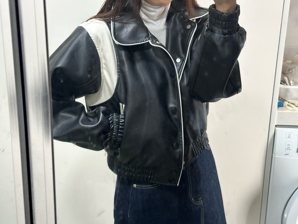 비바브라운 트리밍 라인 바시티 레더 자켓