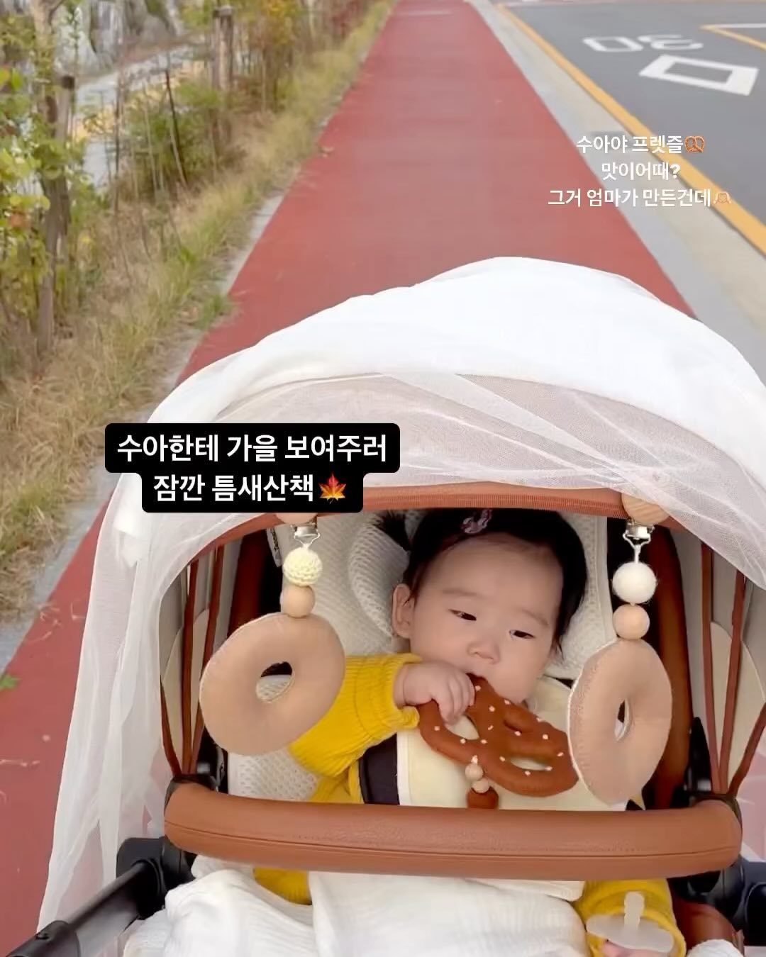 갑자기 추워져 가을이 빠르게 지나가버리는것 같아 급히올리는 수아와의 첫 가을조각🍁

육아하니 하루가 어찌가는지 모르게 너무바빠 인스타피드 넘 밀려있네요😇 댓글달고 답방가고싶은데 수아가 엄껌이라 육퇴하고 겨우 폰봐요…(요즘은 스토리만 겨우😇😇)

그래도 수아에게 사계절을 보여주고싶어 잠깐씩 틈내어 산책하곤하는데, 요즘엔 #유모차모빌 관심갖고 계속 손뻗더라구요 🫳🏻ㅋㅋ

프렛즐🥨건내줬더니 넘나 맛깔스럽게 뜯으며 즐기시는 조수아양👶🏻
수아야 맛이어때? 그거 엄마가 임신때 태교한다고 도안그리고 한땀한땀🪡 바느질해서 직접만든건데😆

언제 그 배 속에있던애가 이렇게커서 프렛즐 씹고 뜯고 맛보고있는지.. 기특하면서도 기분이 요상했어요?😆

#6개월아기 #수아맘육아👶🏻
