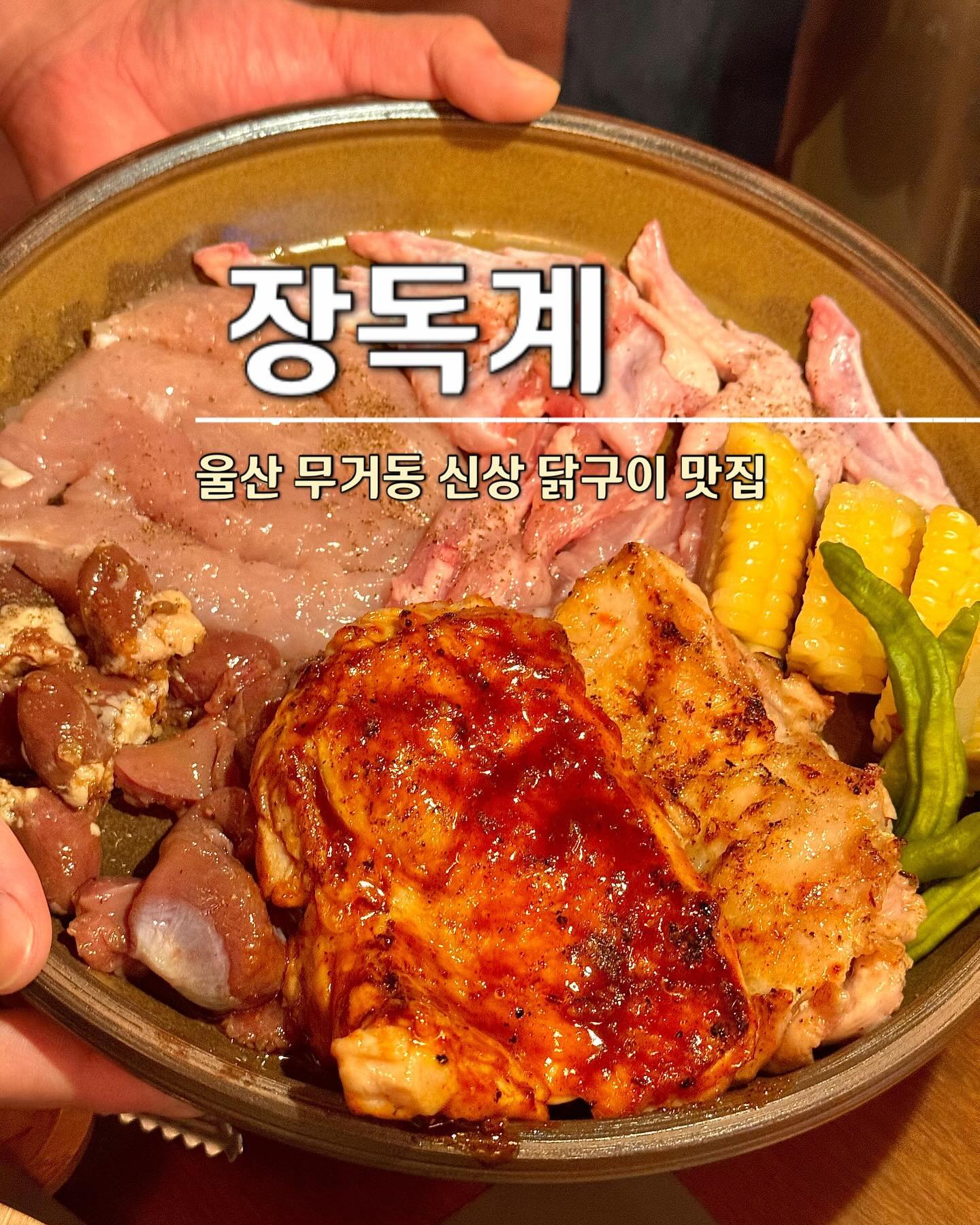 울산 닭구이 맛집이 무거동에도 오픈👏🏻💯

📍#장독계 무거점 #협찬

프리미엄 닭구이 맛집 장독계의
시그니처 메뉴 모듬한판 주문하면
부드럽고 촉촉한 식감의 닭목살과 날개, 
안심, 쫄깃쫄깃한 근위 그리고
염통까지 맛볼수있는 알찬 구성👍🏻

친절하신 직원분들이 직접 
맛있게 구워주셔서 
더 편하게 식사 할 수 있고
맛나게 즐길수있는 방법까지
하나하나 친절하게 설명해 주시는 곳!

분위기도 아늑하고 좋아서 
연인분들의 데이트코스로도 
너무 좋은 장독계 무거점✨

🥚울산 남구 대학로147번길 29 
🥚영업시간 : 16:30~02:30 

#울산맛집 #울산무거동맛집 #울산남구맛집 #장독계무거점 #울산술집 #울산데이트 #울산신상맛집 #울산가볼만한곳
