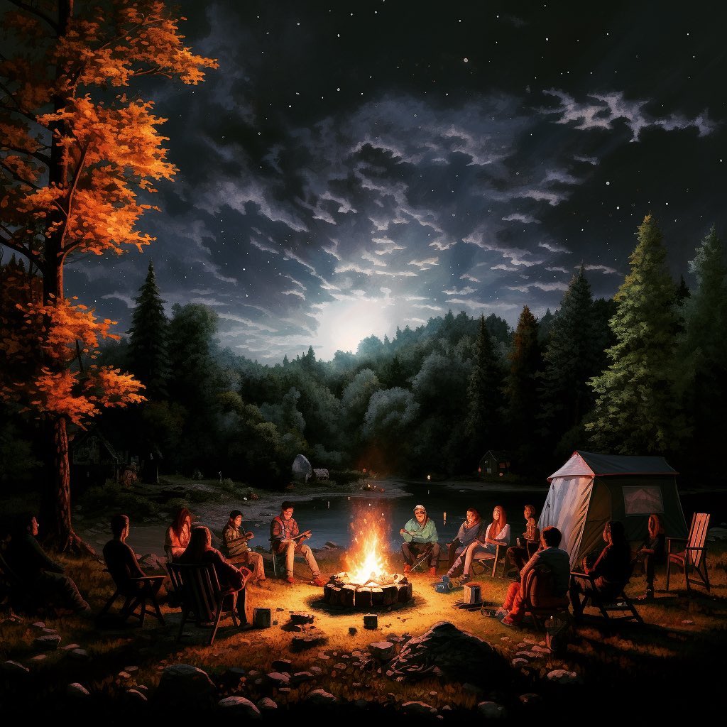 family or friends gathered around a bonfire at a campsite #ai #drawing #family