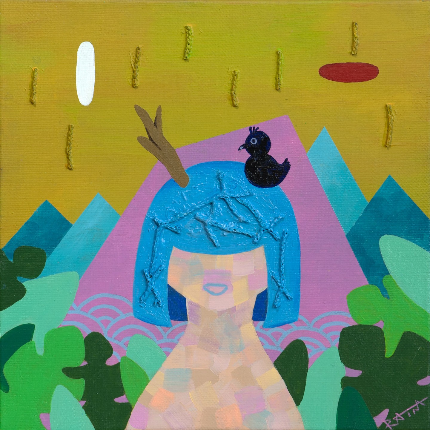<공존>
23.8x23.8cm
Acrylic, Natural mineral pigment, Waste net on Canvas, 2024

변화된 세상 속 '공존'