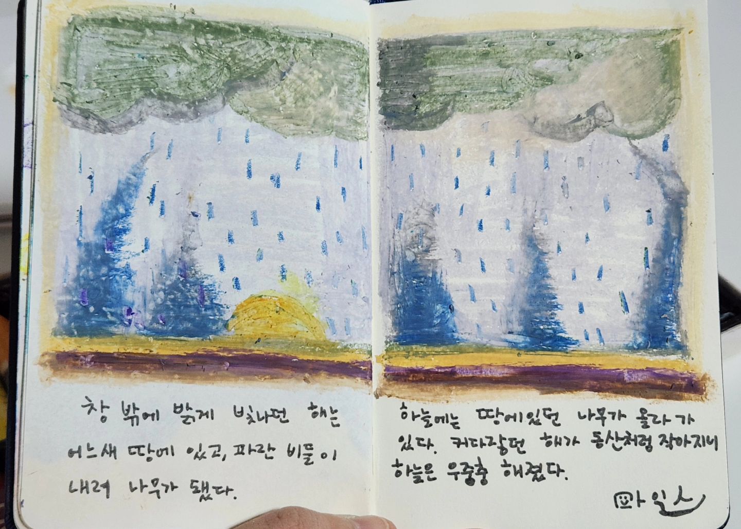 <뒤집힘>

창밖에 밝게 빛나던 해는 어느새 땅에 있고, 파란 비들이 내려 나무가 됐다. 하늘에는 땅에 있던 나무가 올라가 있다. 커다랗던 해가 동산처럼 작아지니 하늘은 우중충 해졌다.
🌧

#마일스일러스트 #그림책그림 #오늘의그림 #감정기록