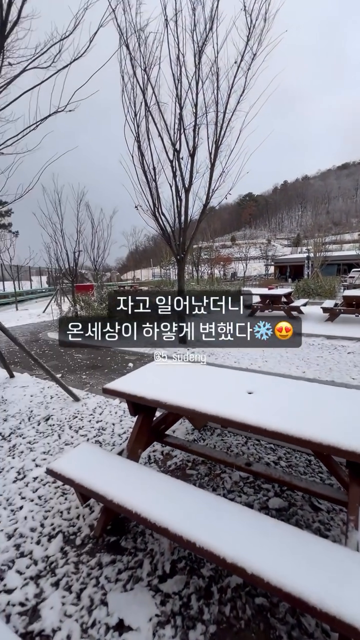 자고 일어났더니 온 세상이 하얗게 변했다❄️

전날 비가 막 오더니,
새벽에 빗소리가 탁탁 거리는 조금은 둔탁한 소리로 바뀌더니,
텐트 문을 열었을때! 
온 세상이 하얗게 변해있었다🩵

삼대가 덕을 쌓아야 눈오는 날 캠핑을 할 수 있다는데,
우리는 덕을 많이 쌓았나 봄❄️🤍🩵

#천왕산가족캠핑장 #겨울캠핑 #혹한기캠핑 #눈오는날 #동계캠핑