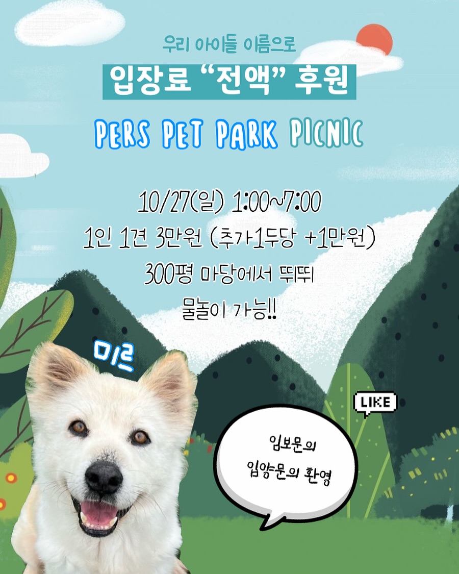 🍀
좋은 취지의 피크닉이라 모든 친구들을 다 부르면 좋지만
혹시라도 사고가 나면 안되기 때문에ㅠㅠ
불가피하게 루이 소풍을 와본 친구들은 무조건 OK!!!
소풍은 못왔지만 제가 성향을 하는 친구다! 하면 연락주세요🥰

🍀입장료 “전액” 후원 피크닉🍀

✔️10/27(일) 1:00~7:00pm
  자유롭게 오고 가시면 됩니다~

✔️퍼스펫파크 (경주시 외외1길 112-6)

✔️입장료 1인 1견 3만원, 추가 1두당 +1만원

✔️독채펜션 300평 마당 + 수영장
  드라이는 따로 불가한 점 양해부탁드립니다ㅠ

✔️캠핑 의자, 피크닉 돗자리 챙겨오시면 좋아요👍🏻

✔️실내건물은 견주님들만 자유롭게 출입가능!

✔️퍼스펫에서 다과 준비해주신데요🫶🏻
 커피는 각자 챙겨오시면 됩니둥

“우래기들 이제 놀기 좋은 날씨죠~? 
🧡우리 아이들 이름으로 후원도 하고 뛰뛰도 하고 
1석2조 피크닉!! 관심 많이 가져주세요🧡”
(참석 및 문의사항은 댓글 또는 디엠주세요)