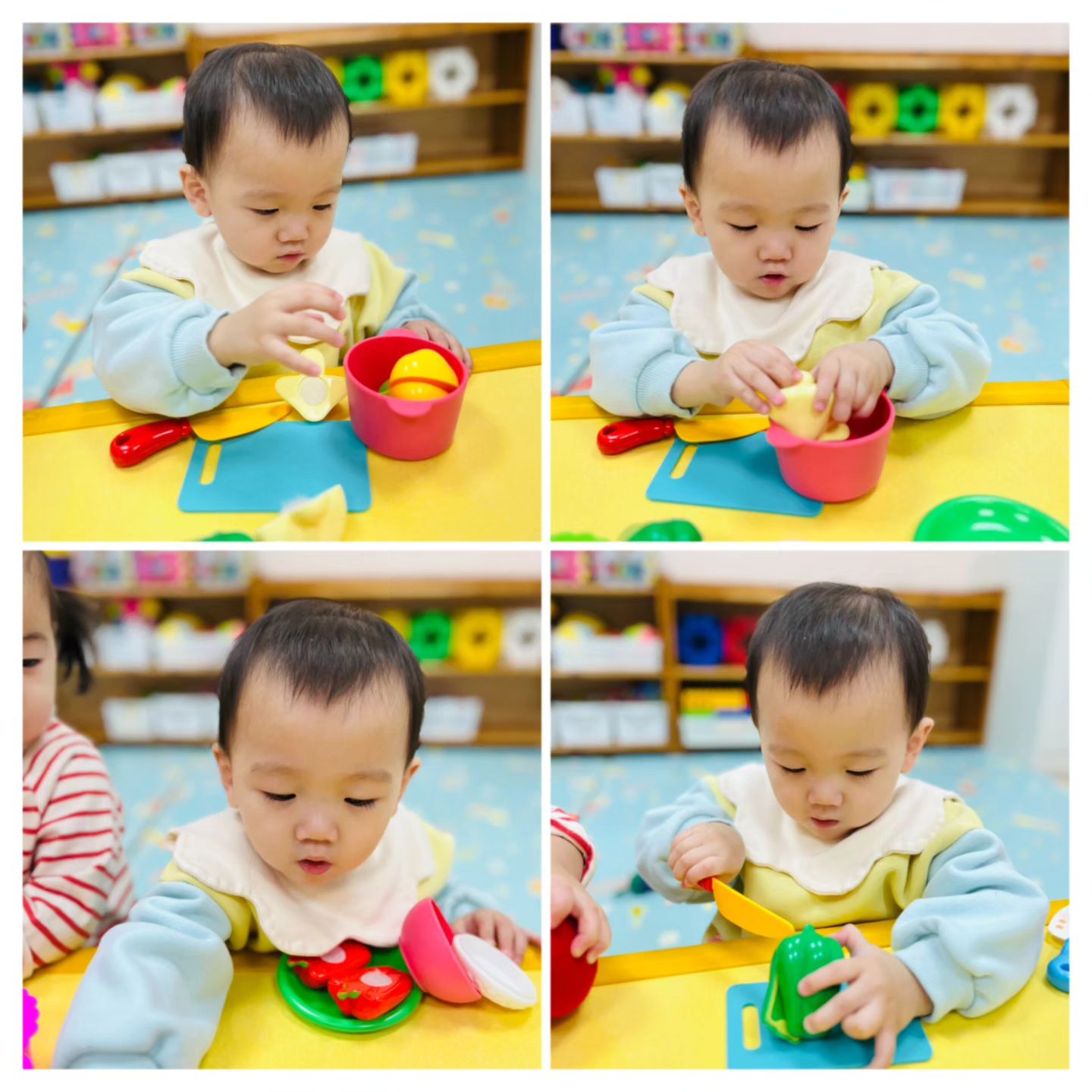 𖤐👶D+533~4ෆ

어제는 소꿉놀이를 하였는데 별이는 음식모형을 그릇에 담더니 다시 꺼내 소꿉놀이 칼을 가져와 자르기를 시도하는 모습을 보였다고 잘 되지 않는지 한참을 집중하여 시도하더니 그러다 성공해서 음식모형이 반으로 잘리자 너무 기뻐하는 모습을 보였고 “한별아 선생님 한입 주세요~“하자 음식모영을 건내주었다고 놀이 후 친구가 가져온 계란과자를 깨끗이 닦은 소꿉놀이 그릇에 친구들과 나눠먹으며 즐건시간보냈다고 오늘은 알록달록 
도트물감🎨을 이용해 하트스텐실 놀이를 하였는데 도트물감 하나씩 나눠주니 하나더 달라고 표현하며 두개들고 놀이했다고 활동 후엔 친구에게 ‘사랑해’ 라고 표현한 후 꼭 안아주는 시간도 가졌다고 그리고난뒤 자유놀이 시간엔 유리창에서 개구진표정 지으며 놀았고 요즘엔 자기표현도 뚜렷하고 말도 많이늘고 먹는양도 늘고 너무 사랑스럽고 이쁘다고하는 우리 별이 그런말 들으니 엄마도 뿌듯하고 기특한 내새끼❤️ 지금처럼만 크자.

#사랑해한별아❤ #우리집보물💕
