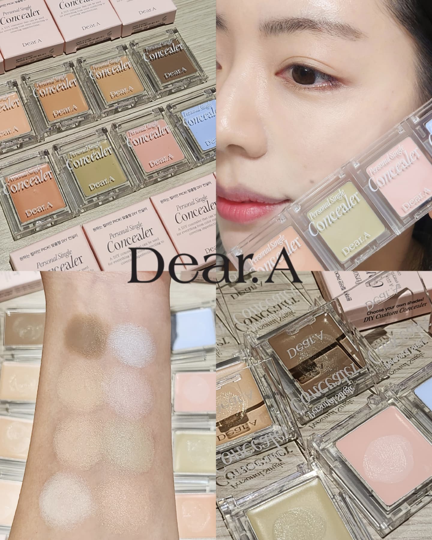 #제품제공 Dear. A - Personal Single Concealer

올리브영 1위 컨실러인 퍼펙트 커버 컨실러 팔레트가
NEW 퍼스널 싱글 컨실러로 돌아왔어요.

38만 틱톡 크리에이터 고마난님과 공동 개발한 제품으로
중앙 하단 부분에 홈이 있어 레고처럼 톡! 붙이고, 톡! 떼어서
필요한 컬러만 뽑아 나만의 DIY컨실러 팔레트를 만들 수 있어요.

8가지의 다양한 컬러로 피부고민, 피부톤에 맞게 선택할 수 있고
결점 커버부터 쉐딩까지 이걸로 다 가능해요.
크리미 제형으로 얇게 착붙하면서 모공은 쫀쫀하게 가려주고
손, 브러쉬, 퍼프 도구 상관없이 착붙되어서 초보자들도 도자기피부 가능한 컨실러에요.

01 포슬린 - 붉지도 노랗지도 않은 뉴트럴 아이보리(17~21호 추천)
02 베이지 - 자연스럽고 차분한 미디엄 베이지(22~23호 추천)
03 매트 베이지 - 자연스럽고 차분한 미디엄 베이지. (밀도 높고 쫀쫀한 매트 텍스쳐로 짙은 잡티 가림용으로 좋아요. 22~23호 추천)
04 체스트넛 - 적당한 온도감의 그윽한 뉴트럴 애쉬 브라운(그림자 음영 컬러로 쉐딩용으로 추천)
05 피치퍼프 - 다크서클 및 인중 쉐이빙 라인 커버
06 말차그린 - 울긋불긋한 홍조 및 붉은 트러블 자국 커버
07 블루밍핑크 - 볼패임, 관자놀이, 팔자 등 꺼진 부위에 볼륨 부여
08 블루헤이즈 - 보색원리 이용해 어둡고 노란 피부를 깨끗하게 보정

.
.
.
.
.

#디어에이 #deara #디어에이컨실러 #고마난공동개발 #퍼스널싱글컨실러 #포토샵컨실러
#DIY컨실러 #싱글컨실러 #올리브영컨실러 #올영세일추천템