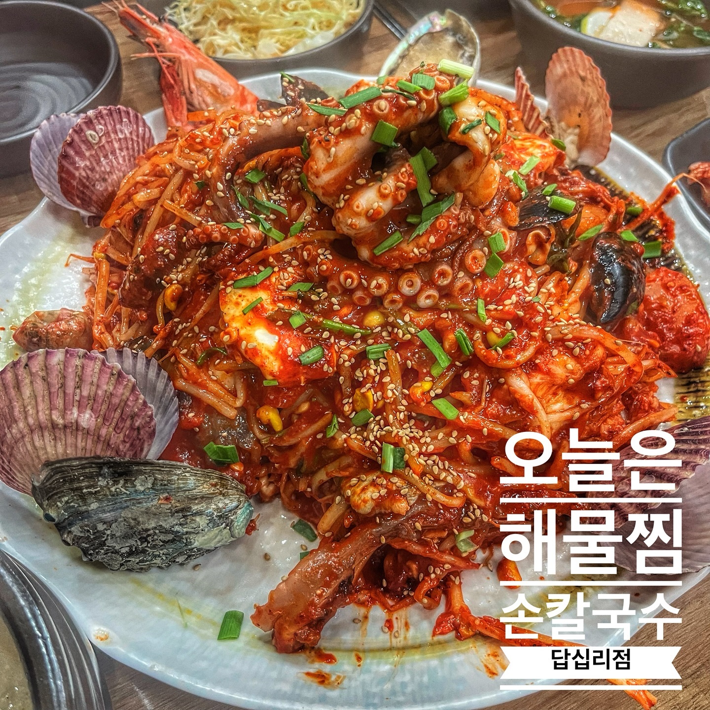 #오늘은해물찜손칼국수#답십리역맛집

💕✔️ 해물찜 🐙🦑🐚🦪

콩나물이 아삭하니 여러가지 해물들하고 싸먹으니 술안주로 굿👍🏻
많이 맵지 않아서 수월하게 먹을 수 있었어요😆
먹을때 미나리가 같이 씹히면 향 때문에 더 맛잇어요👅

✅칼국수랑 같이하는 집이여서 해물찜 작게 시키고 
  칼국수랑 같이 후루룩 하면 몹쉬 맛있습니당🍜
✅주차가능🚘
✅단체석, 예약 가능👨‍👩‍👧‍👦
✅같이 나오는 반찬으로 열무물김치가 별미에요🥬
✅k-디저트 볶음밥까지 챙겨먹기!

📍서울 동대문구 전농로 51 (답십리역 4번출구 656m)
⏰ 매일 11:00-22:00

#답십리맛집#현대시장#답십리현대시장#답십리역#답십리#동대문#답십리해물찜#장안동맛집#장안동해물찜#손칼국수#해물찜볶음밥#들깨칼국수#바지락칼국수#아구찜#해물찜맛집#답십리해물찜#먹스타#맛스타#술스타#먹팔#맛팔#맞팔#선팔#선팔하면맞팔#팥칼국수#새알팥죽#팥죽#해물#해산물