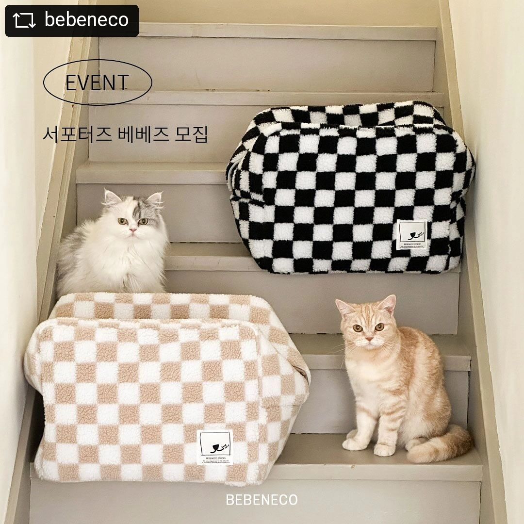 #REPOST bebeneco with get__repost__app  #빅파우치숨숨집 #프리오더 #이벤트
안녕하세요 베베네코입니다 ᰔ
피드 한장사진 올리자마자 난리났던 바로 그 숨숨집 🤍

오늘부터 프리오더 & 베베즈 모집하려해요!

빅 파우치 숨숨집 🎀

귀여운건 소장하고싶은 마음을 담아 
고양이들을 쏙 담아 보관하고싶은 파우치형태의 
숨숨집이에요! 

✨사실 마지막까지 수정에 수정을 거듭했어요. 
저희집 냥이들이 이미 N차 샘플링으로 수정에 수정을 
거듭했던 이유는 모양을 네모낭낭하게 유지하고 싶었는데 
자꾸 애들이 깔아뭉게는 바람에 여러단계를 거쳐 
말랑하지만 네모낭낭한 모양이 유지되도록 최종으로 탄생되었어요!

✨파우치 형태를 띄지만, 지퍼는 달지 않았어요! 
지퍼의 형태를 살릴까했지만, 노출되는부분 아이들이 드나드는
부분에 지퍼가 있다면 털이 끼일 수 도 있고, 쓸릴 수도 있다는 생각이 들어서 제거했습니다! 

✨내부는 기본적으로 체커보드 쿠션이 제공되지만, 
우리 딱딱이파 친구들을 위해 스크래쳐 보드도 쏘옥 추가구성으로 
넣어드렸어요! 

📍예쁘고 귀엽고 집 소품으로도 활용가능한 
빅파우치 숨숨집은 오늘부터 딱 2주간 30% 프리오더로 진행합니다!
📍빅파우치 베베즈 모집 
➿예쁘게 사진도 찍어주시고 ,
실 사용후기도 남겨주실 베베즈 서포터즈를 모집합니다! 

➿참여방법
1. bebeneco 를 팔로우해주세요.
2. 본 피드를 스토리로 리그램해주세요! (비공개계정은 확인이 어려워 참여불가합니다.) 꼭 베베네코 사람태그 필수
3. 본 피드에 빅파우치 숨숨집이 탐나는 이유 그리고 함께할 집사님들을 태그해주세요! 

➿모집기간
12.14일까지 마감 후 12.15일 발표 

그럼 많은 참여부탁드려요! 🙌🏻 #repostandroid #repostw10