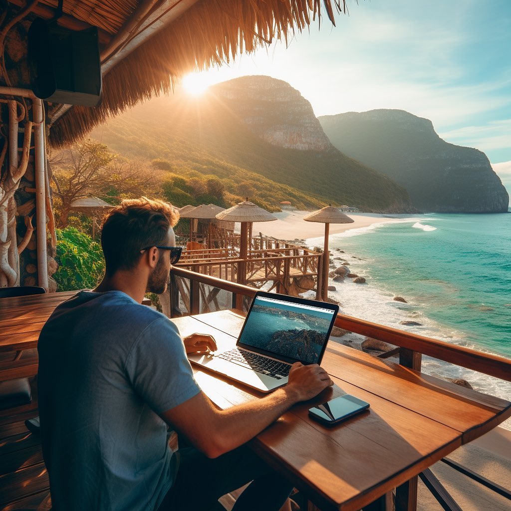 A Digital Nomad: Harnessing the power of the internet to work remotely, exploring the world one hotspot at a time. Embracing the freedom of creating, connecting, and collaborating from anywhere. #DigitalNomad #RemoteWork #Travel #ai #drawing