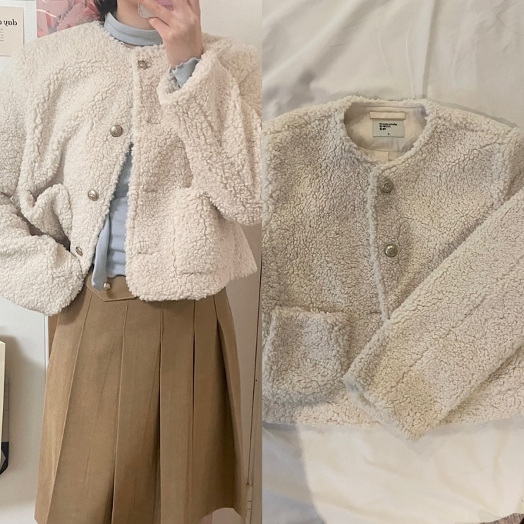 여자 겨울 자켓으로 추천하는🥯 에잇세컨즈 시어링 라운드넥 재킷 아이보리 S사이즈 내돈내산 리뷰💛