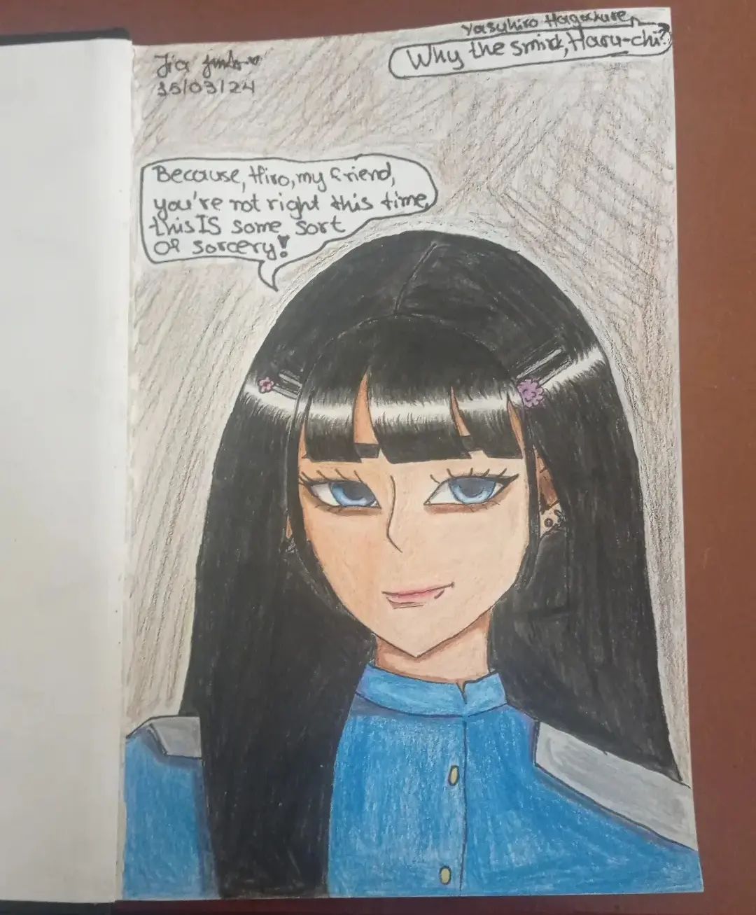 Well, not a lot to share this time, but a second post with my girl? I'll say yes. Haruna is back, this time in Future Arc, having a lighthearted banter with Yasuhiro Hagakure (my concept was a somewhat lighthearted banter anyway), who predicted for fun that something will happen to her after Killing School Life and she's in denial, saying that it was some kind of sorcery (she was yelling this phrase A LOT while in Killing School Life).
I ended up making her uniform a bright blue instead of gray or black because I really like the color and I believe it would suit her. Yes, this uniform is somewhat reminiscent of Kiyotaka's (I got inspired by him and my other OC, Taeko Adachi) and since the outfits were somewhat mature if I remember correctly, I decided to give a more mature outfit to Haruna (fun fact: the uniform contains a pale blue hat with gold lining and in the uniform there is a white armband with the logo of Crescent Foundation, which was founded by her grandfather, Ryuchi Yoshida, a few years before the Tragedy begun. Yes, she wasn't added to the Future Foundation right after the killing game ended. She worked with Crescent Foundation by her brother's side before she was added in Future Foundation.) so she could be a bit more mature. Her hair is down (yes, I had to leave her black hair alone this time) and I believe the dark eye circles are more visible. Sleep is not on her list after all.
(another fun fact: I was talking with my mom on the phone and I told her I was coloring my drawing of a... panda who adores peaches - Haruna loves peachy-related stuff, give her one peach and she will love you forever)
I hope you like it as much as I do!
Also, if you have any questions about her, or any ideas for her (maybe some fun facts, AUs or ships you would like to see her), let me know! 

#danganronpa #danganronpaoc #triggerhappyhavoc #killingschoollife #futurearc
