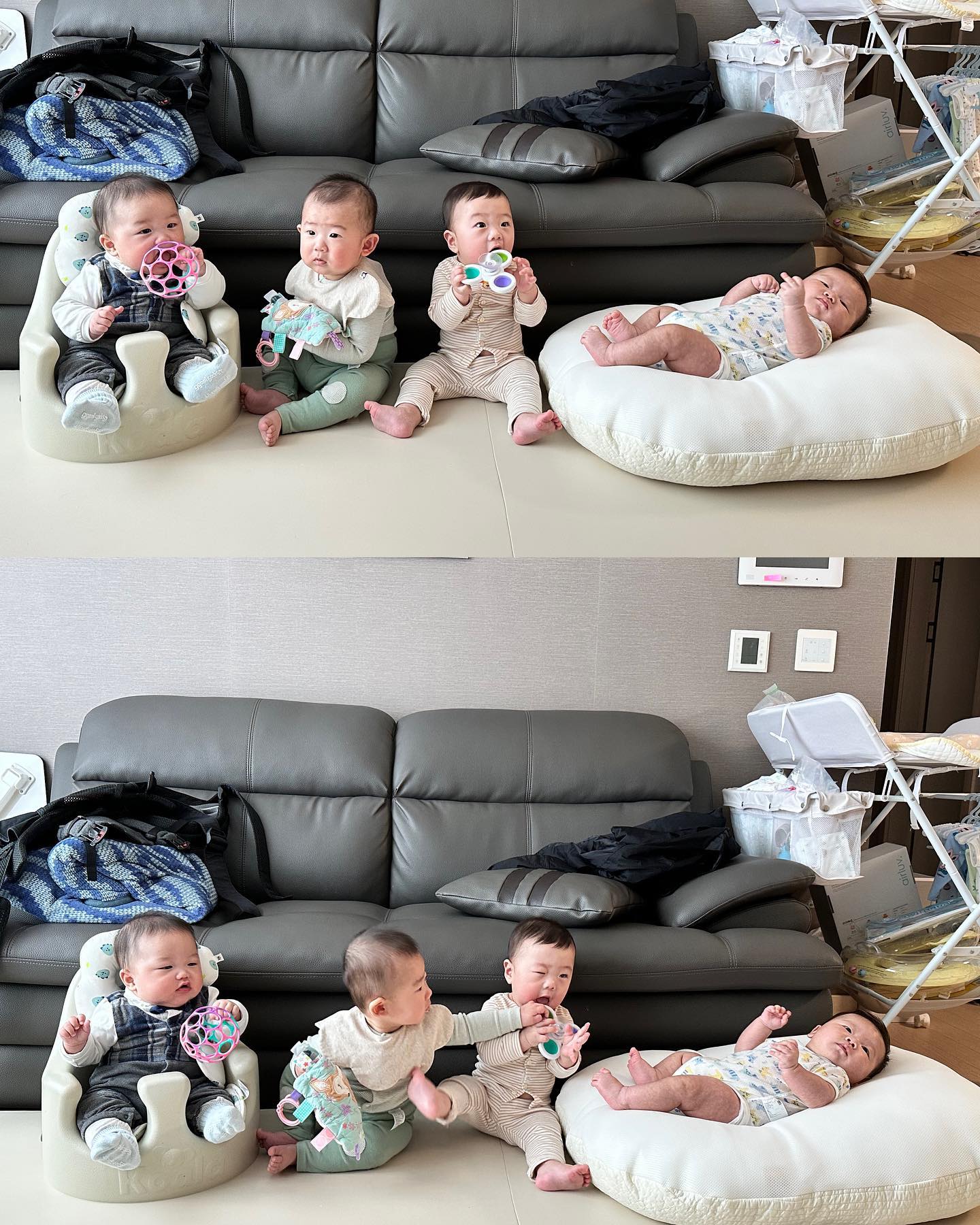 👶🏻 인생193일차 : 채우네집

경주, 대구, 울산, 부산 경상도 칭그들 모인날! 
중간접점(?)인 채우네 집에서 모였답니다

역방쿠에 살포시 누워있는 아가가 채우
돌돌이 들고있는 이수, 친구물건 뺏는 수호, 
멋있는 정장입은 현서ღ 

왕자도 빨리와서 이모야들, 형아야들이랑 놀자!!!
이모들이 기다리구이쒀😘