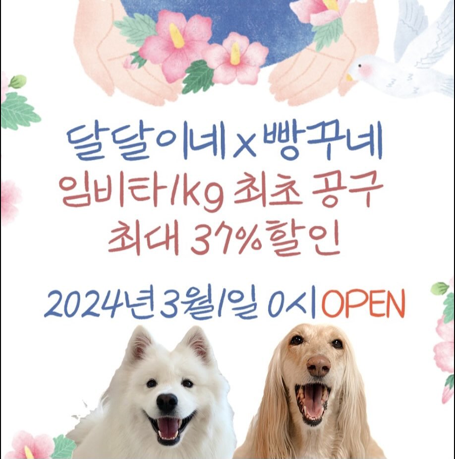 임비타 최초 공구!!

여러분,, 친구들아 나 일 냈다..!!!
입소문 최고 영양제 임비타 공구 가져왔거덩!!!!!!
요즘 소형견, 중대형견, 어린강아지, 노견 할거없이 다들 임비타 임비타 하더만!! 
나도 당연 당빠 임비타 먹고 있거든 ㅎㅅㅎ!!

대용량 사이즈로 공구 가져왔으니까 다들 넉넉하게 쟁여두라구 !
최대 37% 할인이고, 앞으로 이만한 할인가가 있을까...?싶어요 껄껄껄!!

👉 임비타 공구 구성 

1️⃣. 이뮨 플러스 1kg : 면역강화, 유산균, 치석케어, 피부개선, 모질개선, 눈물자국 개선, 외이염 개선, 변냄새 개선 (유산균 별도 급여 필요X)

2️⃣. 이뮨 리버 1kg : 간 기능 케어, 눈 변색 회복, 기력회복, 시니어독의 회복을 도움

3️⃣. 이뮨 머슬 500g : 근육형성촉진, 근골격 대칭 , 바디 컨디션 개선, 저알러지 곤충단백질 

‼️37%할인으로 170,000원 ➡️ 150,000원 
‼️3개 구매 시 150g 랜덤 증정 (35,000원 상당의 제품) / 중복 가능 
ex) 3개 구매 = 150g 1개 증정 / 6개 구매 = 150g 2개 증정

임비타 말 안해도 다들 알고있을정도로 너무 유명하죠? 
가격이 좀 쎈데.. 그만큼 그 값을 하는 영양제라 저도 고민 없이 공구로 가져와봤습니다!!

👉급여량

*이뮨 / 리버 = 하루 1kg 당 1g 급여 
*머슬 = 하루 1kg당 0.5g 급여

전 연령 급여 가능하구요, 아이에게 맞는 제품으로 급여하시면 됩니다!!
(빵구는 이뮨 + 머슬 급여 중)

👉  임비타 공구 기간 

2024년 3월 1일~ 3월 5일 (한정수량으로 조기 마감 될 수 있습니다)

🔗 프로필링크에서 구매 가능
💌 문의는 DM 주세요 :)