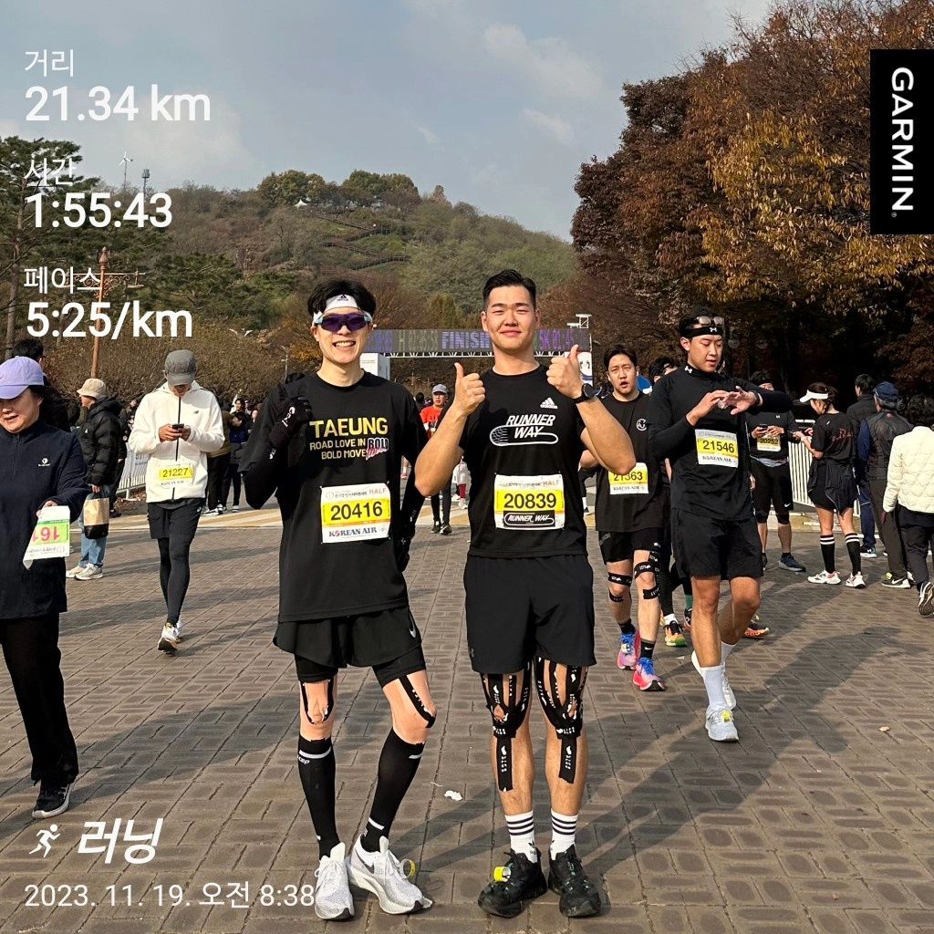 ✨️2023.11.19 일요일✨
❗️손기정마라톤 하프❗️

버킷중 하나인 먹탱선배와 동반주 완료!!

장갑제공과 테이핑 해주시고 뛰는 내내
물과 에너지젤, 파스 제공해주신
먹탱선배가 없었다면 완주 못했을수도...

제마가 첫 마라톤대회라 기대했는데 손기정...
생각보다 길이 많이 좁고 불편했당

제마 10k 부상이 아직 남아있었는지
3km 부터 살짝 신호 오다가 7~8km때는
거의 총총 걸음으로 뛸정도로 통증이 와서
포기할뻔했지만?! 앞에서 이끌어주시는 선배
보면서 견뎌!! 마인드 컨트롤 하면서 10km
가니 신기하게 아픈게 사라짐 
그래서 다시 신나게 뛰뛰
19~20km되니 다시 오기 시작했는데
이때부터는 저절로 몸이 움직여서 신기
그리고 마지막은 응원해주시는 분들한테
에너지 받아서 무사 완주!!
무사 완주하자마자 통증이 몰려옴 ㅠㅠ
(나중에 알게된 사실 양쪽 무릎에 물차고 인대염증)

그래도 선배랑 함께해서 너무 즐거웠당
다시한번 레벨이 다르다는것을 깨닫게됨 ㄷㄷ
헬스로 비유하면 3대500치시는데 이제 
막 헬스 처음인 내가 같이 운동하자한 느낌이랄까...
(너무 민폐같아서 죄송하고 케어해주셔서 감사합니다)

그리고 러너웨이로 뛰는 2번째 대회인데
열심히 응원해주셔서 너무 감사했습니당

아 맞다 저렇게 케어 해주셨는데 마지막에
골인지점 보고 신나서 선배 버리고 뛰어가는
인성터진 상아리... 인성논란...ㅠ

날씨 다시 풀리면 러닝하자고 선배 귀찮게 해야징
끝나고 형수님과 다같이 명륜진사도 행벅스

📷 be.sunnyside jjlim92

크루 _runnerway

#여비더비포토 #러너웨이 #손기정마라톤 
#손기정마라톤하프 #동반주 #러닝 #러닝도전