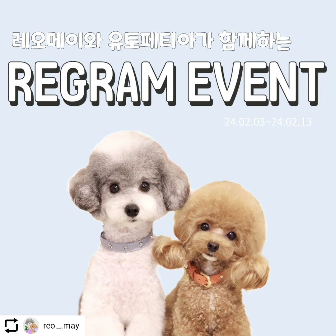 #Repost reo._.may with let.repost 
• • • • • •
#리그램이벤트 #유토페티아

레오메이가 14기 유토프렌즈로 활동하면서 
우수 서포터즈로 뽑혀 15기 유토프렌즈로 활동하게 됫오❤️‍🔥
유토페티아에서 레오메이 친구들에게 제품 써볼수 있는 
좋은 기회를 주셔서 레오메이가 직접 사용해 보고 
울 친구들이 꼭 사용해보면 좋을것 같은 제품들로 
이벤트 진행해 보려고해!🫶

‼️이벤트 참여 목적보다 레오메이랑 꾸준하게 소통할 친구들이 참여해주면 좋겠오🩷

❣️추첨 방식은 랜덤 추첨으로 룰렛이나 레오메이가 노즈워크로 직접 뽑을 예정이야!❤️‍🔥

✨️리그램 이벤트 참여방법✨️
1. reo._.may 계정을 팔로우 한다.
(기존 친구들도 참여 가능해요🩷)
2. 해당 피드 좋아요 후 리그램 및 스토리 공유 
(모두 해주셔야 참여완료)
3. 참여완료 댓글 및 친구 3명 이상 소환한다.
(지난번 이벤트때 참여방법을 지켜주지 않은 친구들이 많아서 넘넘 속상🥺 꼼꼼히 읽어주세용~~)
4.❤️‍🔥중요❤️‍🔥 상품 받고 후기 꼭 남길 수 있는 친구들만 참여해주세요
(utopetia_official reo._.may 계정 태그 필수)
🗓이벤트 기간 02월03일~02월13일까지 
🐶당첨인원:3명 
📣당첨자 발표 02월14일

❌️비공개,유령 계정은 당첨에서 제외
❌️이벤트 종료 후 언팔하는 분들은 다음에 진행하는 이벤트 참여 불가에요! 레오&메이랑 오랫동안 소통할 친구들만 참여해주세요🫶