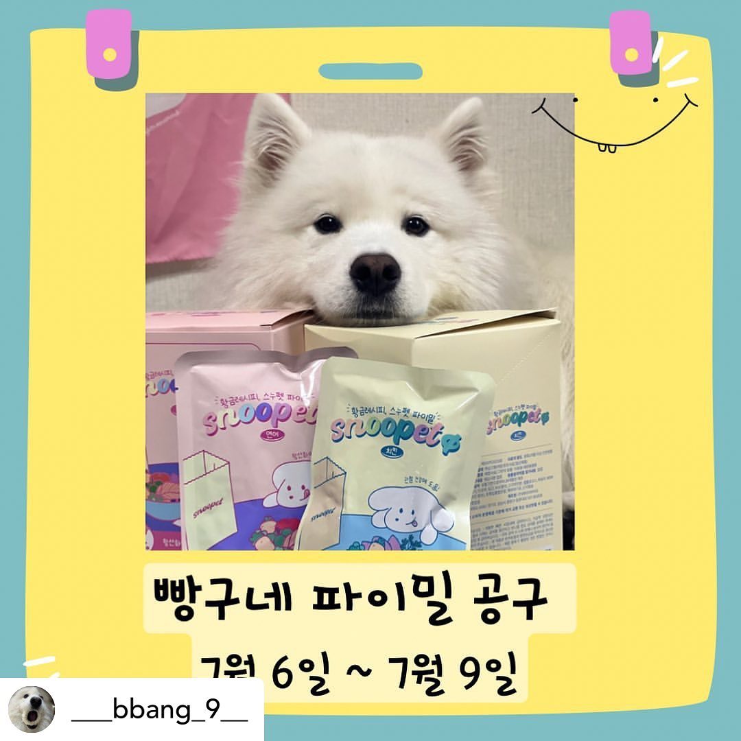 Posted withregram • ___bbang_9__ 🩵 빵구네 파이밀 공구 🩶

매번 스누펫만 진행했었는데!!!! 
파이밀 진행 요청이 몇 번 있었거든요~!!! 
우리 집처럼 냉장고 꽉 찬 집에는 상온 보관 가능한 파이밀 화식 강추🫶🏻

빵구는 췌장수치가 높아서 다른 제품들 먹으면 바로 설사하는 경우가 있거든요ㅠㅠ
파이밀은 변도 괜찮고 기호성도 너무 좋아서 합격🫶🏻

✨놀러갈때 한 팩씩 들고나가면 맛있고 즐겁게 놀 수 이찌!!
✨집에서도 따로 냉장보관 안해도 괜찮아서 자리차지 노노! 
( 고온 고압 멸균처리로 방부제 없이 상온 보관)
✨깨끗한 원료만을 사용함 (방부제, 합성보존료, 인공색소 제외)
✨양질의 단백질로 높은 소화흡수율
✨진짜... 미친 기호성🫶🏻

➡️ 제품 구성

🧡관절 파이밀 치킨 1박스(100gx7팩) : 19,800원
🩷항산화 파이밀 연어 1박스(100gx7팩) : 20,500원 

종류는 치킨과 연어 두가지로 있구요! 
전 성분이 모두 표시되어있으니까 아이에게 맞게 급여해주세요😊

유통기한 
파이밀 치킨: 25년 2월8일
파이밀 연어: 25년 2월12일

🗓️ 공구 기간 : 2023년 7월 6일 ~ 7월 9일
📦 배송비 3,000원 / 4만원 이상 구매 시 무료배송
🔗 구매 링크는 스토리 및 프로필 링크 
💌 문의는 DM주세요 :)

#파이밀 #강아지화식 #강아지화식공구 #화식공구 #화식만들기 #강아지화식레시피 #파이밀공구 #스누펫파이밀 #대형견화식 #강아지간식공구 #강아지용품공구