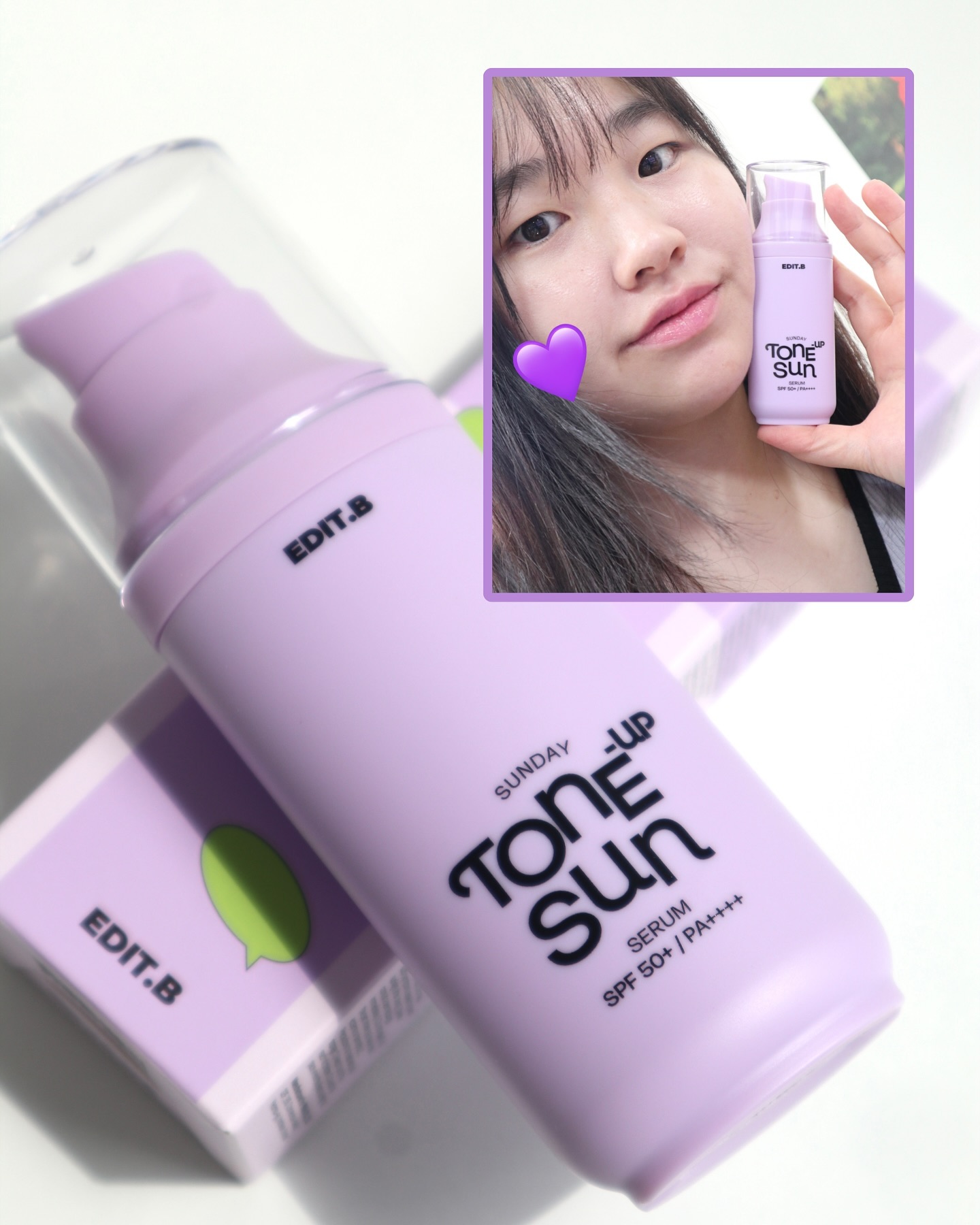 #협찬

💜에딧비 선데이 톤업 선세럼 55ml💜

💟SPF50+ PA++++
____________________________________
#에딧비 #올영세일 #화잘먹 #올인원 #보라톤업
수분세럼 54%를 품고 있어 피부에 닿는 즉!시!
수분을 가득 충전해 주어 끈적임 없이 편안하고
촉촉하게 피부를 케어해주는 에딧비 선데이 보라
톤업 선세럼 가지고 왔습니당!
-
올리브영 톤업 부분 1등 기록!
보색원리로 노란끼 확! 잡아버리는 예쁜 화잘먹
톤업 캡슐 선크림 에딧비 선데이 톤업 선세럼!
-
◽3중 기능성! 미백+주름개선+자외선차단
미백과 주름개선 2중 기능성에 자외선차단까지
해주는 3중 기능성 선세럼!

◽세럼 속 톡 터지는 고함량 수분 선&톤업 캡슐
수분 세럼 54%에 선스크린과 톤업 성분을
캡슐화하여 스킨케어 하듯 수분을 한껏 머금고
있는 선세럼으로 피부에 편안하도록 꿀광과
톤업을 한번에 경험할 수 있습니다!

◽자외선차단 & 미백 & 프라이머를 한번에!
귀찮은 단계 전부 PASS! 세럼, 선크림, 톤업,
프라이머, 메이크업베이스를 한.번.에 올인원!!

◽피부자극 테스트 OK!
저자극 톤업 선크림으로 민감성 피부도 안심하고
사용할 수 있는 피부 자극 테스트 완료!

◽단순한 톤업이 아닌 톤&결 케어!
✔피부 균일도 개선 3.71% 개선
✔피부톤 개선 4.45% 개선
-
🤍총평🤍
제형이 너무 신기했던 보라 톤업 선세럼!
촉촉하게 발리고 캡슐이 터지면서 뭉치는거처럼
보일 수 있는데 동글동글 돌리면서 피부에 펴바르
니까 균일하게 잘 발라지더라구요!
피부가 갈수록 칙칙해져서 화장했을때도 다크닝이
빨리 오는 느낌을 평소에 많이 받았었는데
여러 단계 바르는게 어릴때부터 습관이 안되어
있다보니 늘 한단계씩 빼먹다가 결국 다크닝
오던말던 그냥 화장해버리곤 했었는데 이 제품은
올인원에 화잘먹 제품이라서 한눈에 딱 반할
수 밖에용! 저는 홍조도 좀 있는 편이라 늘
메이크업베이스도 그린만 사용했었는데 이 제품은
선크림 톤업이라 노란끼랑 홍조를 적당히 잘
가려줘서 좋았습니다! 톤업 후에는 광채는 나지만
얼굴에 기름기나 끈적거림은 없어서 머리카락이
붙는다던지 그런게 없어서 너무 좋았고 원래
제 피부가 하얀거처럼 예쁘게 톤업시켜줘서
화장하긴 싫고 생얼로는 나갈 수 없을때도 유용
하게 잘 사용할 거 같습니당!
-
#editb #9월올영세일 #올영선크림 #올영선크림추천
#톤업선크림추천 #올영톤업선크림 #올영추천템
#올영톤업크림 #톤업선크림 #톤업선크림추천
#톤업선세럼추천 #올영선세럼 #올영선세럼추천
#올영톤업선세럼 #에딧비선세럼 #에딧비톤업선세럼
#선데이선세럼 #화잘먹 #파데프리