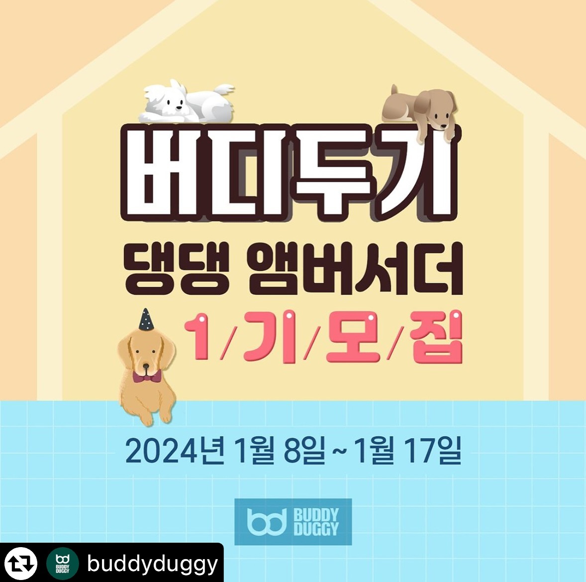 #리그램 - buddyduggy by get_multi_repost
🐶버디두기 댕댕 앰버서더 1기 모집🐶
𝟐𝟎𝟐𝟒 새해를 맞이하여 버디두기 댕댕 앰버서더 1기를 모집합니다💖
버디두기를 사랑하는 마음만 있다면 누구나 신청 가능해요😉
⠀
🐾 버디두기를 잘 알릴 자신이 있다
🐾 SNS를 활발하게 운영 중이다
🐾 우리 댕댕이는 사진 찍는 걸 좋아하는 모델견이다
⠀
버디두기 댕댕 앰버서더 1기 모집 내용 확인 후 신청해주세요ෆ
⠀
1️⃣ 라이더보스
디럭스 유모차와 카시트로 멀티 사용이 가능한 스마트 유모차
소형 또는 중형 친구들 30kg까지 이용 가능
⠀
2️⃣ 라이더테리
저상형 구조로 스스로 타고 내릴 수 있는 편리한 유모차
중대형견 또는 여러 친구들 50kg까지 수용 가능
⠀
3️⃣ 라이더프리
한 손으로 1초만에 오토폴딩이 가능한 버디두기의 신제품
20kg 미만의 중소형 친구들이나 작은 친구들 2마리까지 탑승 가능
⠀
✨ 모집 기간 : 1/8(월) ~ 1/17(수)
✨ 모집 발표 : 1/18(목)
✨ 모집 인원 : 10명
✨ 활동 기간 : 1/22(월)~약 5개월
* 제품 및 활동 기간, 내용은 진행 중 변경될 수 있습니다.
⠀
✨ 신청 방법
① 버디두기 인스타그램 계정 팔로우 필수!
② 게시글 ♥ + 리그램
(리그램 시 buddyduggy 계정 태그와 함께 #버디두기댕댕앰버서더1기 해시태그 필수)
③ 프로필 링크 [댕댕 앰버서더 1기 신청서] 구글 폼 작성
④ ’참여 완료‘ 댓글 + 함께 하고싶은 친구 소환
⠀
✨ 댕댕 앰버서더 혜택
① 버디두기 강아지유모차 [라이더보스/라이더테리/라이더프리] 중 1개 제품 + 레인커버
② 댕댕 앰버서더 1기 웰컴박스
③ 정규 미션 선물
④ 깜짝 미션 선물
⑤ 활동 종료 후 우수 앰버서더 별도 포상
⑥ 댕댕 앰버서더 1기 미션 완료 시 수료증 발급
⠀
프로필 링크 확인 필수💌
버디두기 댕댕 앰버서더 1기 많은 신청 기다리고 있겠다멍🐶
⠀
#스엔코 #스엔코샵 #제로플로어 #버디두기댕댕앰버서더 #댕댕앰버서더
#버디두기댕댕앰버서더1기 #댕댕앰버서더1기
#라이더보스 #라이더테리 #라이더프리
#앰버서더 #엠버서더 #앰배서더 #서포터즈 
#버디두기 #강아지유모차 #유모차 #개모차