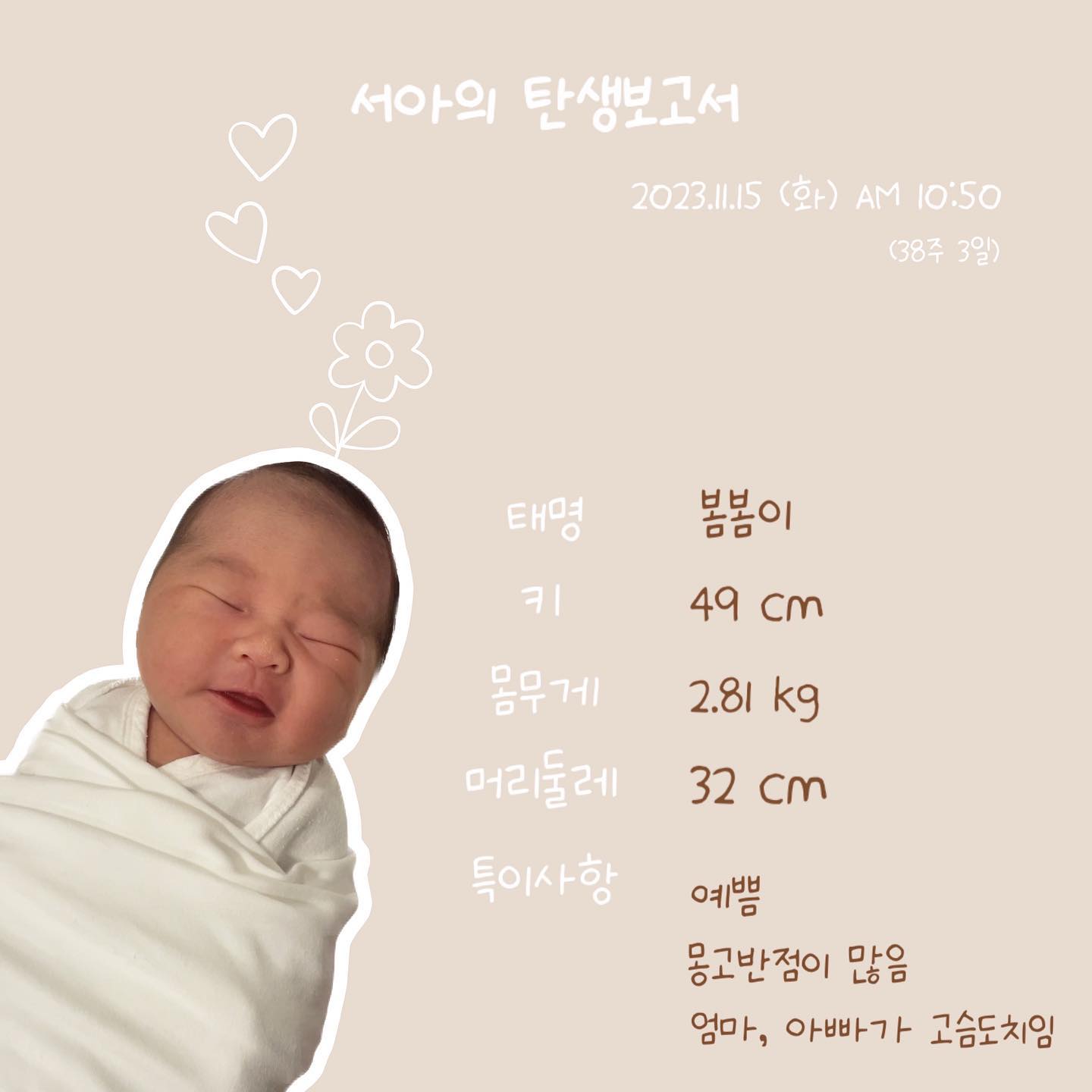 🏷️ 출생보고서
2023.11.15 AM 10:50
(38주 3일)

아빠 똑닮게 태어나서 엄마, 아빠를 고슴도치로 만들었다 

작은 몸무게로 태어났지만
60일차인 지금은 평균 몸무게를 향해 달려가는 중🫶

#출생보고서 #성장보고서 #성장일기 #육아일기 #육아 #육아맘 #육아스타그램