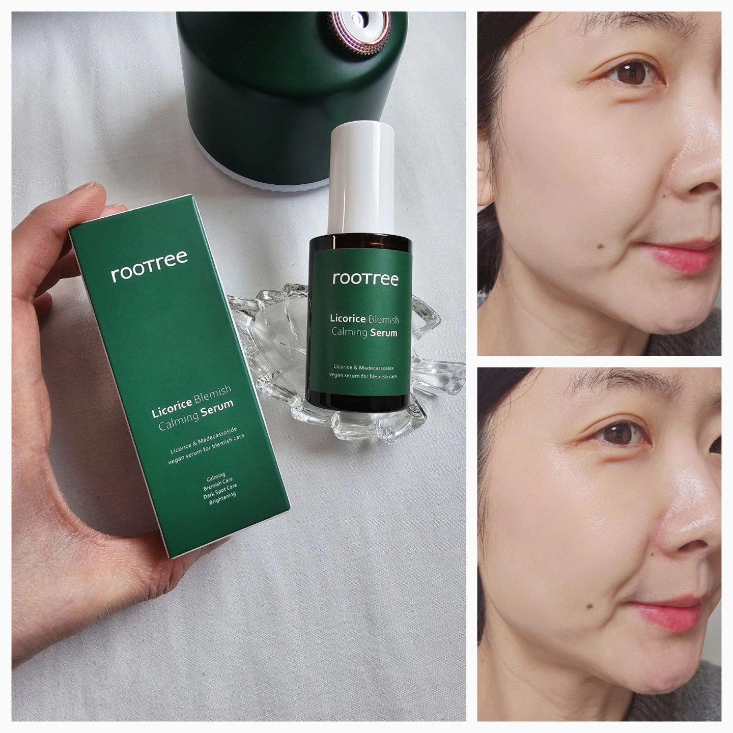 #협찬

안녕하세요, 워니뷰티예요 :)
요즘같이 변덕이 심한 날씨에는
피부도 엄청 변덕을 많이 부리고 있는데요
피부가 빨갛게 올라오거나거칠어지고 정말 하루하루 
피부 상태를 알 수 없을 정도로 정말 변덕이에요 >.<

💕제가 오늘 만나본 세럼은
요즘 같은 시기에 스킨케어하기 좋은 
피부 진정과 미백, 잡티 개선에 효과적인
"루트리 감초주소사이드 흔적 진정 세럼"을
만나 본 후기 들려드릴게요! 

💚초록색 병의 루트리 감초 세럼은
뚜껑을 돌려보았는데 
아무리 돌려도 안 돌아가서 >.<
뚜껑을 당겼더니 열렸고요 
펌프 형태로 되어있는 용기였어요 :)

"세럼의 제형과 발림성"
펌핑을 해서 세럼의 제형이 나왔는데
세럼이 물처럼 흐르는 제형이 아닌
약간의 힘 있는 제형이었고요
바르자마자 부드럽고 촉촉하게 발라지면서 
피부에 얇은 보습 막을 씌워주는 듯한 느낌이었어요 :)

🥰한눈에 보아도 광택감과 수분감이 보이시지요?
세럼 제형은 쫀쫀한 제형이지만
피부에 닿는 순간 촉촉하게 펴 발라져서
매끈하게 흡수되니 끈적임 없이 
마무리되었답니다 +_+

💙얼굴에 발랐을 때에도 수분감 가득한 제형이
얼굴에 바르자마자 흡수가 되어서
끈적이지 않고 산뜻하게 마무리 되었어요 +_+

"미백에 효과적인 성분인 감초"
미백에 효과적인 성분인 감초 300kg이
세럼 1병에 모두 들어있어서
흔적과 잡티 개선에 효과적이에요
(제품 원료적 특성에 한함)

감초는 한약에 많이 들어가는 성분인데
흔적과 잡티 개선에 효과적이라니
꾸준히 써봐야겠어요 :)

"숫자로 증명한 진짜 흔적 진정 효과"
2주 사용 후 과색소 침착 면적
107.96% 감소
2주 사용 후 멜라닌 평균 농도
101.69% 감소
2주 사용 후 피부 톤(밝기)
100.86% 개선
1회 사용만으로도 급속 진정 완료
(단 1회 만에 자극 진정 123.73%)
(개인차 있음)

💜보통 세럼을 바르면 흡수되는데 
어느 정도 시간이 걸려서
바로 메이크업을 하기가 힘들 때가 많은데
루트리 감초 진정 세럼은 
촉촉하게 즉각 흡수가 되어서
바로 톤업 선크림을 발랐는데 
이렇게 들뜨지 않고 
촉촉하게 내 피부처럼 잘 스며들었답니다 +_+

💛또한 세라마이드와 마데카소사이드가 함유되어
약해진 피부 장벽 개선과 
민감해진 피부를 진정시켜주고요
비건 인증을 받고 저자극 테스트도 통과한
순한 흔적 진정 세럼이어서
피부가 민감한 분들도 안심하고 사용하실 수 있어요!

이렇게 순한 세럼이다 보니
바르는 순간 예민해진 피부도 따갑거나 
자극이 있지 않았고
부드럽고 산뜻하게 잘 스며들었답니다 :)

부드럽고 순한 진정세럼
미백세럼, 잡티세럼을 찾으시는 분들께
촉촉하면서도 산뜻하게 마무리되는
루트리 감초 주소 사이드 흔적 진정 세럼
추천드려요!💕

#루트리#rootree#감초세럼#흔적세럼#흔적진정세럼#미백세럼#잡티개선#흔적#잡티#진정#잡티케어#색소침착#민감성피부#민감피부추천
