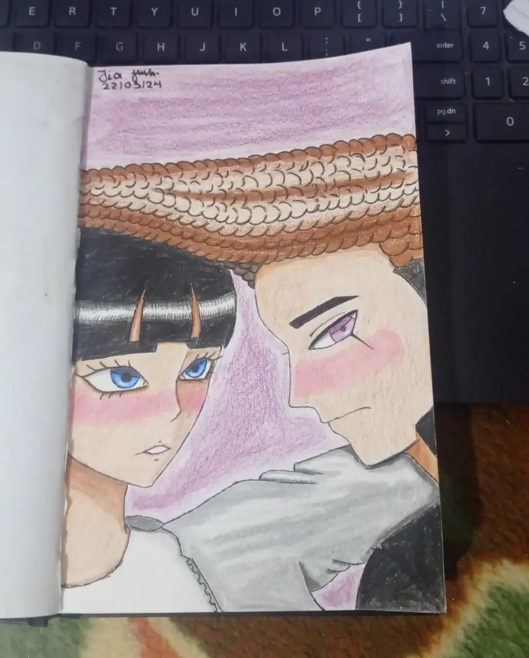 I was surely going to post this one earlier today, but you know what they say. Better too late than never.
So yeah, it's about time to introduce you to my OC x Canon ship, which is none other than YoshiWada (Haruna Yoshida x Mondo Owada). I came up with this ship name (I was originally going to name this ship as YoshiMondo but it sounded too similar to IshiMondo so yuh) and I believe it's really cool ngl.
So, as I've told you before, Haruna Yoshida is my Danganronpa OC and she's part of Class 78 aka the class which partocipated in Killing School Life aka Trigger Happy Havoc. Surely enough, I did ship them while making Haruna but I took the idea of shipping them down because of my overthinking. But a couple of friends (especially mintostar101) gave me the motive to ship them again, so here we are!
I also need to say that the second slide (aka sketch) is not  the first slide (the final artwork), I was really bothered with how it was looking so I had to do it again. 
Some headcanons for this ship:
One, despite Mondo's tough exterior, he finds solace in opening up to Haruna during late-night conversations. Haruna listens attentively, offering support, comforting words and understanding as Mondo shares his innermost thoughts and fears. Two, they are both really supportive of each other, even though they have somehow contrasting personalities. Mondo admires Haruna's positivity and determination, while Haruna appreciates Mondo's loyalty and protective nature. Three, they both enjoy cooking together. Mondo has a soft spot for helping and baking sweets with Haruna and they often spend weekends tryijg out new recipes together. Four, they are really loyal to each other and they stand by each other's side no matter what challenges they face. And five, Haruna introduces Mondo to her love of literature and arts, and Mondo, in turn, introduces Haruna to his passion for motorcycles. They enjoy exploring each other's interests and hobbies, deepening their bond along the way.

Anyways, I hope you like this ship as much as I do! 

#danganronpa #danganronpaoc #triggerhappyhavoc #danganronpatriggerhappyhavoc #killingschoollife #ocxcanon #MondoOwada #YoshiWada
