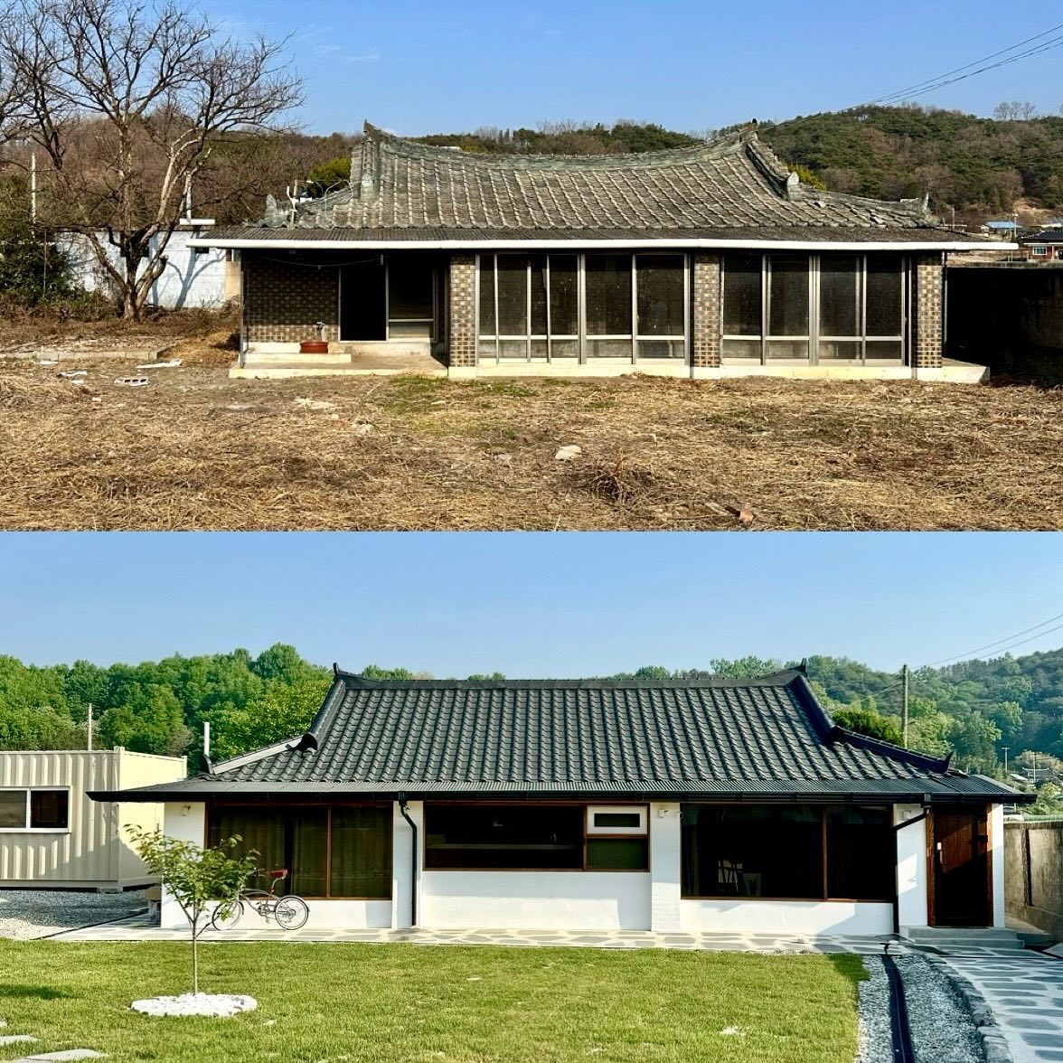 사진으로 보는 시골집 고치기 전 후. 사진만 봐도 마음이 몽글몽글해진다. 처음 이 집을 만난 순간부터 집을 고치려 결정했던 순간까지, 그리고 집을 고치면서 부지런히 다녀갔던 그 시간들이 차곡차곡 담겨 있다. 어느 날은 집만 봐도 뭉클했고, 어느 날은 내가 대체 무슨 짓을 하는 건가 싶어 머리가 아팠으니.

요즘 오빠와 저녁을 먹으며, 마당 일을 하며, 이리저리 시골 동네를 누비면서 ‘우리 이사오기 참 잘했다’ 이야기한다.

해야 할 일이 많지만 그만큼 부지런히 움직이니 아침과 밤이 더욱 좋다. 쿠팡, 배민, 컬리는 없지만 엄마아빠집 커다란 저온창고가 있다.
 집에 벌레는 많아졌지만 우리집 고양이들의 사냥 실력을 확인했다.(이 녀석들이 드디어 밥값을 한다)

아침부터 저녁까지 볕이 들고 해가 뜨면 파란 하늘이 보이고 비가 오면 멋진 운무를 볼 수 있다. 내가 먹을 채소가 마당 한켠에서 무럭무럭 자라고, 어딘가 가고 싶을 때 차 밀릴 염려 덜고 가볍게 움직일 수 있다. 

스타벅스 가려면 40분 차 타고 나가야 하지만 스타벅스보다 더 맛있는 원두로 매일매일 커피 내려 마신다. 쉬는 날엔 마당 거닐면서 커피 마시고 잡초도 뽑는다.

작은 텃밭에 로메인, 고수, 바질, 루꼴라, 고깔양배추, 양배추, 방울양배추, 방울토마토, 애플젤리토마토, 송이방울토마토, 할라피뇨, 청양고추, 베트남고추, 가지, 딸기, 가지, 완두콩을 심었다. 나는 텃밭왕(?)이 될 테다. 

당분간은 주변 산에 다니면서 마당을 가꾸고, 정원을 가꾸며 지내고 싶다. ‘당분간’이라고 말한 것은 인생은 길고 나의 관심사가 또 어디로 튈지 몰라서이다. 하지만 모든 경험은 연결되어 있고, 맥락이 있다. 몸을 계속 부지런히 움직이며 마주하는 새로운 세상, 여기로 이사오지 않았다면 몰랐을 세상. 나의 걸음을 꾸준히 걷고 걷다 보면 계속 마주하게 될 새로운 세상을 언제나 열린 마음으로 받아들이고, 정성스럽게 살아가야지.

#내딸기개미가점령함🥲