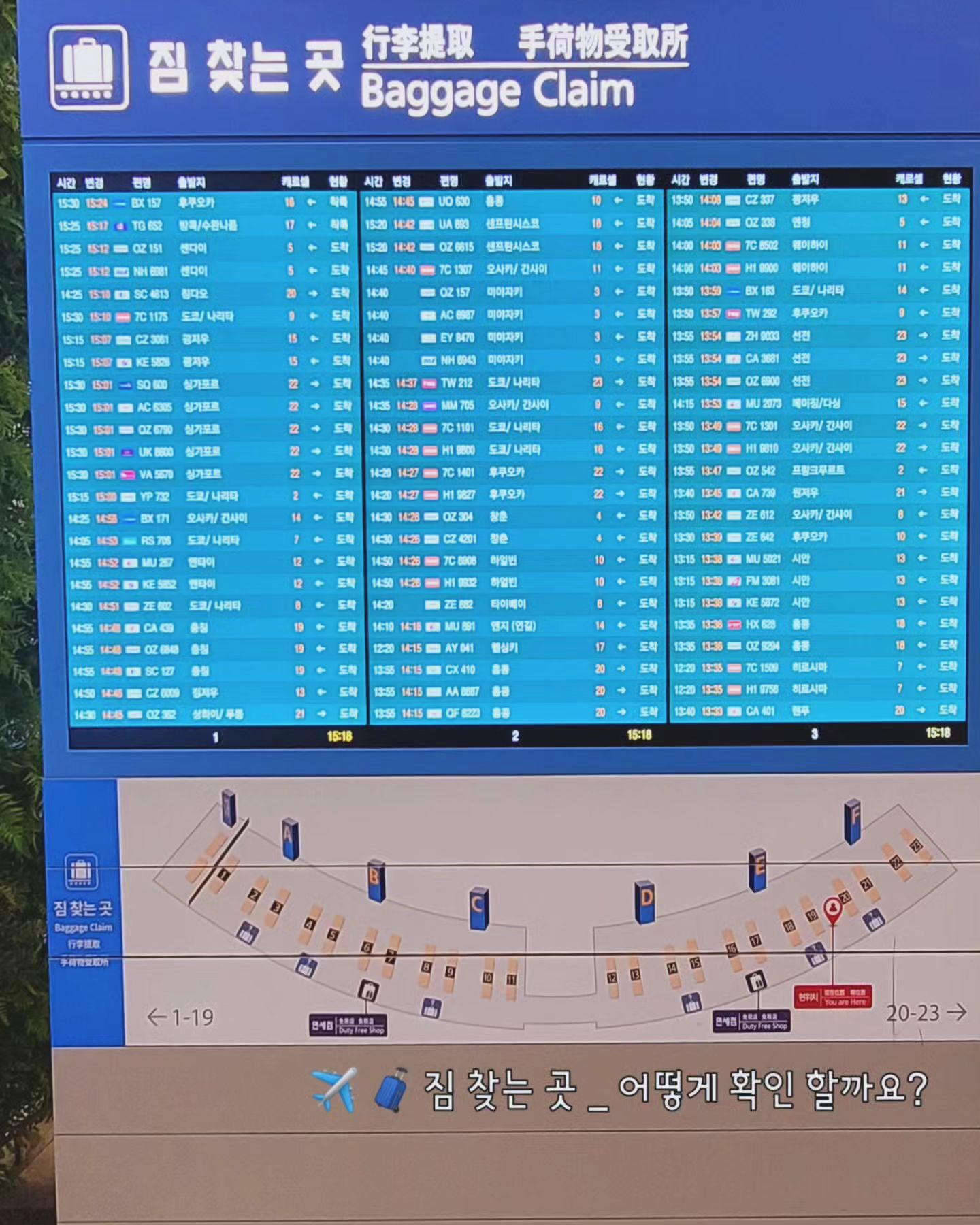 🛬 여행 다녀오는 엄마 아빠 한테 꼭 아려주고싶어욥 🛫✈️ 
🧳 수하물 수취 지역 확인하려면 이 표지판 먼저 확인 💻

🧳 #baggage 짐 찾는거 일단 확인 ✔️ 어떻게? 

🧳 에스컬레이터 내려오는 곳 바로 앞에 💻 블루스크린 안내판 
(짐 찾는 곳) 1번 ~ 3번 사진 참고 해주세요 _ 
🛬 비행기 도착 시간 (변경시간)  _ ✈️ 편명  _ 🛫 출발지 

📍🧳캐로셀 #Carousel  _ 여기 숫자가 짐찾는 곳 위치 📍
동편 1 ~ 11 / 서편 12 ~ 23  숫자 위치 확인 했다면 
📍캐로셀 가서 #🧳 가방 픽업 

✈️ 특별하게 신고할 부분이 있다면 
세관 / 검역 (동물, 식물, 수산물) 신고 후 출구 ( A ~ F ) 🚶‍♀️🚶‍♂️ 출국 👋🏻🎶

혹시 혹시 나보다 전문가인 선배님들 댓글로 🧳baggage 찾는 법 더 간단하게 알려주세요... 무엇이든 👌🏻 

手荷物受取エリアは電光掲示板をご確認ください。
请查看行李领取处的电子公告牌。
Please check this display for baggage claim area.
Kiểm tra biển báo này để biết khu vực nhận hành lý
일 하다보면 같은 질문 반복적으로 받아서... 만든 피드 근데 아직 자세히 말하기에는 이제 LL 팀 현장 7일 ... 일주일차 😆 
더 많이 배우면 릴스로 돌아올께요 ㅇㅅㅇ

✈️ 여행 떠나는 것도 좋지만 놀다가 집에 오면 더 좋은건 '극 I ' 성향자인 나만 그런가요?? ㅎㅎㅎ 집 밖은 위험하닷 ㅎ