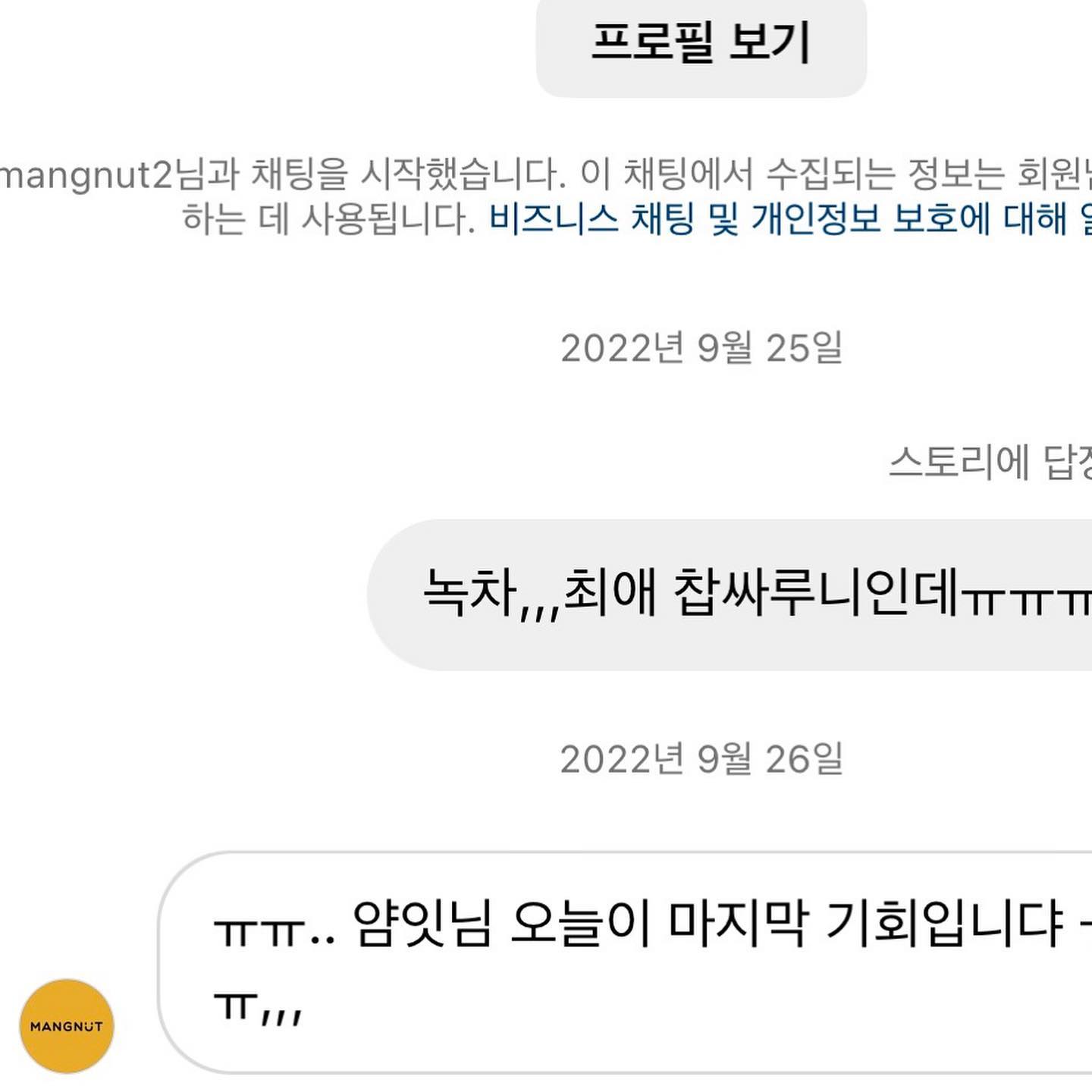 ➡망넛이네와의 첫 디엠🫠

망넛이네 찹싸루니는 4년 전 부터 저의 최애 빵 중 하나에요🍞

지금 볼 수 없는 다양한 맛들도 알고 있는 찐-단골(?)이랍니당

바야흐로 2022년 가을,, 망넛이네 제품 중 ‼️최애‼️ 찹싸루니인 녹차맛이 단종된다는 소식을 접했고,,(지금 생각해도 아찔)

한탄스러운 마음을 가득 담아 망넛이네에 디엠을 보냈던 기억이 나요😭

그리고‼️ 올해 초‼️
이벤트로 녹차 찹싸루니가 며칠간 다시 돌아온 적이 있었어요
터져나갈 것 같은 냉동고를 모른척 한 채 <녹차 찹싸루니>만 11개를 쟁였었답니다🥹

이제는 녹차 찹싸루니가 말차 찹싸루니로 업그레이드! 되어 항상 구매할 수 있게 되어 얼마나,, 다행인지 몰라요오ㅠ🥹

사쟝님,, 말차는 평생 없애시면 안돼요,,?
절대로,,,