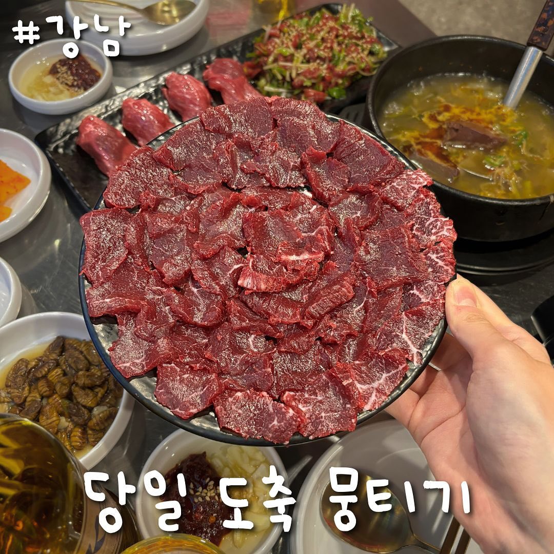 감탄만 나오는 비주얼🔥 당일도축🐂 🥩뭉티기집 다녀왔습니다,, 
육회에 선지 술국까지 전부 다 세트로 뿌시기👊

_
강남역에 위치한 ‘더뭉티기’는 명품 뭉티기를 파는 체인점인데요,
당일 도축되어서 당일 오후에 들어오는
신선도 최강고기를 먹을 수 있는 곳입니다.

여기서 세트메뉴를 시키면 (2인기준)
⭐️뭉티기 200g , 육회 100g, 육초밥 4pcs에 술국⭐️까지
온갖 방식으로 생고기를 즐겨버릴수있습니다

 ✔️뭉티기는 역시나 그릇에 딱붙는 쫀득함에
 나 신선하다!!!! 고 자랑하는 식감이 미쳤어요🥹

마늘, 참기름이랑 섞어먹는 매콤한 양념장에 
찍어먹으면 당장 맥주 주문하게 됩니다...🍺

✔️육초밥에서는 샤리랑 육사시미 찰떡궁합에 
고기가 커서 걱정했는데 하나도 안질겼어요!
초밥 추가주문 겨우 참았습니다;; 🤦‍♀️🤦‍♀️

✔️여기 또 술국이 미친 맛도리인데 ,,
점심엔 해장국이 잘나가는 이유를 알겠더라구요
선지도 많고 국물 깊은맛이 제대룹니다,,

✔️육회는 간이 너무 강하지 않고 적당해서
🥬미나리향이랑 어우러지는게 조화 최고🤩
양도 100g이 은근히 많드라구

_
2인세트 87,000이었구요
강남역 바로 근처에 있어서 고퀄 육회나 뭉티기 땡기는날 ㄱㄱ👉👉

#육회비빔밥 #육회 #고기집 #한우생고기 #강남맛집 #강남역맛집 # 강남육회비빔밥 #강남육회 #강남한우생고기 #강남역육회 #강남역한우생고기 #강남역육회비빔밥 #포블로그협찬