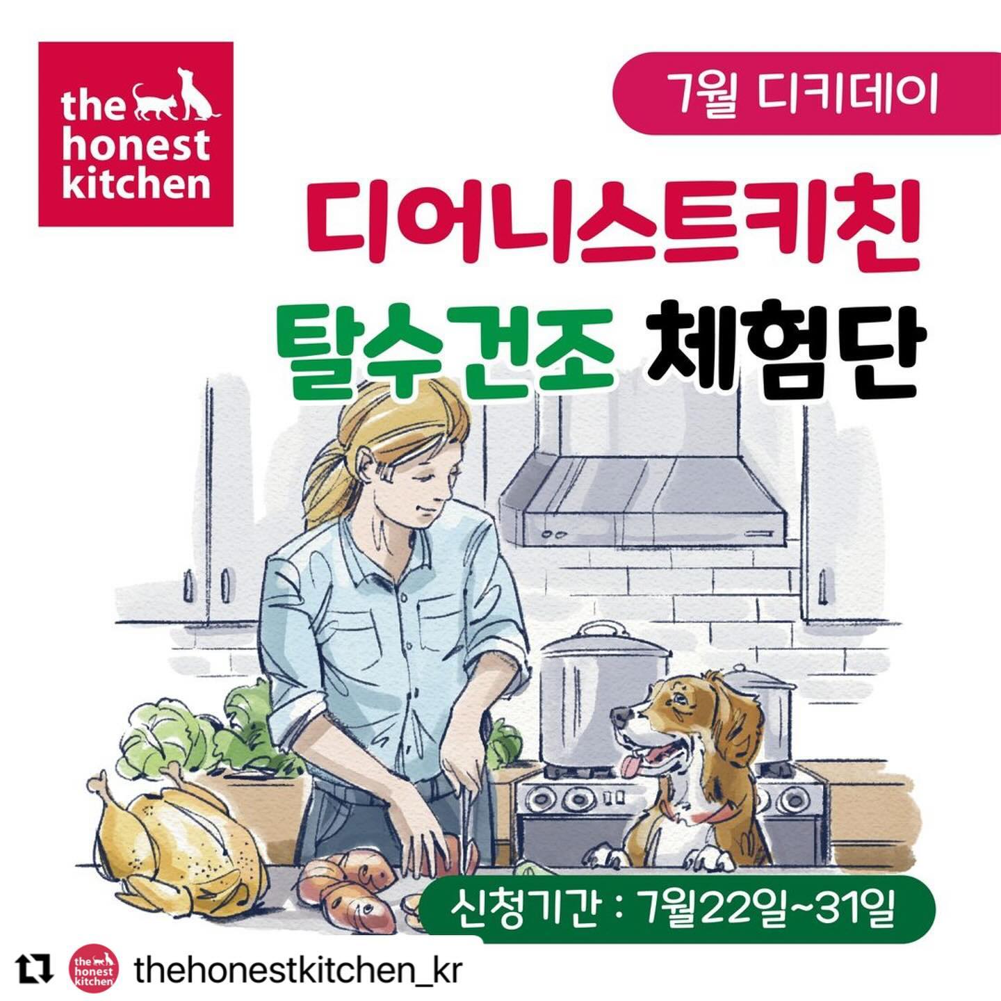 #Repost thehonestkitchen_kr with use.repost
・・・
[디어니스트키친 7월 디키데이이벤트]

디어니스트키친 탈수건조사료 체험단을 모집합니다❣️

이거 어마어마한 기회쥬💗💗💗

Only 디어니스트키친 탈수건조사료를
시도해보실 댕보호자님들🐶

진짜 디키 먹여보고싶었는데 못 먹여보셨던 댕엄빠님들 코몬코몬 🕺

📋참여미션
1. thehonestkitchen_kr 팔로우는 필수📍
2. 본 피드를 좋아요와 리그램해주세요📍 스토리🚫📍
3. 디키단독 급여(영양제, 약, 타사제품 제외) 가능 여부, 체험단이 되고싶은 이유, 알러지 여부를 댓글로 적어주세요
(알러지 여부에 따라 제품 발송드립니다.) + 선정시 디엠으로 안내드리겠습니다!
4. 친구소환5명이상 해주세요 (당첨 확률 Up🔝)

📌참여 및 당첨 조건 :

체험단이 되시면✨️제품수령일로부터 작성마감기간인 8월 12일까지

1)탈수건조사료 907g
-홀그레인터키/그레인프리치킨/그레인프리터키/그레인프리피쉬 중 택1

디키 단독급여 사진과 함께
디어니스트키친 제품으로 급여하며 좋았던 점,
아이가 급여하며 생긴 변화 등을

❤인스타피드 2회

작성해주시고 원본과 후기 링크를 저희 이메일로 발송해주시면 됩니다.
(이메일 : corona2016@naver.com)
발송해 주실시 (인스타아이디/이름/7월 디키데이이벤트) 제목으로 해주시고,
안에 들어가는 사진은(png,jpg로 꼭 부탁드립니다, 간혹 다른 확장명으로 인해 다운되지 않아 다시 요청드리는 
경우가 발생합니다), 동영상은(avi,mp4)로 꼭 부탁드립니다.
-🌷이메일 내부에 마케팅이용에 동의하시는지 꼭 적어주시길 부탁드립니다.

🌷5) 참여안내
-참여신청 기간 : 7월 22일 ~31일
-체험단 당첨발표 : 8월 1일
-체험단 선정인원 : 10분(댓글에 참여의사 써주세요!)
-체험단 내용 : 정성가득한 ❤인스타피드 2회+친구소환5명+해당 피드 좋아요와 리그램+코로나 계정 팔로우
-체험단 피드 작성 마감기간 : 8월 12일

🐠-체험단 증정내용 : 
1)탈수건조사료 907g 
-홀그레인터키/그레인프리치킨/그레인프리터키/그레인프리피쉬 중 택1

#많관부 #많참부 🙇🙇‍♀️🙇‍♂️
#디어니스트키친 #어니스트키친 #강아지자연식 #강아지화식 #강아지선식 #강아지건강식 #강아지처방식 #강아지보양식 #강아지간식 #강아지생식 #강아지영양식 #백퍼센트 #휴먼그레이드 #휴먼그레이드사료 #음수량늘리기 #강아지음수량 #thehonestkitchen #강아지보조식 #강아지간식 #디하이드레이티드 #사료토핑 #디어니스트키친포얼오버스 #펌킨포얼오버스 #리그램이벤트 #후기이벤트 #강아지이벤트