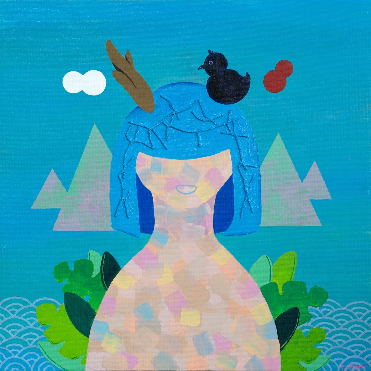 <자화상>
45.5x45.5cm
Acrylic, Natural mineral pigment, Waste net on Canvas, 2024

‘노루 포레스트’는 인간의 몸에 노루의 머리를 하고,그의 머리카락은 바다의 형상이다. 하나의 뿔은 수컷인지 암컷인지 구별할 수 없게 하고,반대편의 까마귀는 서로 상생하는 노루와 까마귀의 관계를 우리가 배워야 하는 자연과 인간의 관계로 보여준다.
‘노루 포레스트’는 바다와 산,동물 그리고 인간이 공생하는 모습으로 태어난 새로운 생명체이다.