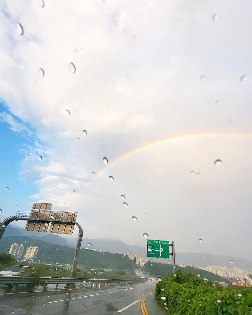 한쪽은 맑고 한쪽은 흐리고
비가오고 무지개가 뜨고 🌈

#소나기 #무지개 #울산
