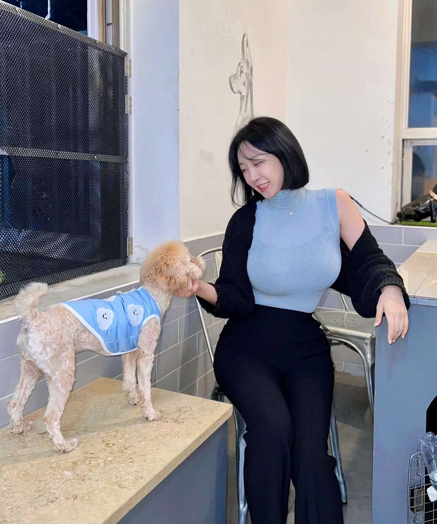 솜이랑 깔맞춤?💙
.
가 본 애견카페 중 가장 기 센 곳(?)
.
상주하는 강아지들이 많아서 텃세가 조금 있었거든요 솜이 첨에 쫄았다가 나중에 잘 어울렸는데 ㅋㅋㅋ
.
그래도 아가들 전부 귀엽고ㅜㅜ 다양한 강아지들이랑 눈 맞추고 교감하면 너무 행복해요,,
.
저랑 같이 셀카 찍은 애기는 창문 앞에 제가 벗어둔 패딩에 쏙 들어가서 오돌오돌 떨고 있길래
.
담요로 싸서 안아줬더니 내려놓으면 다시 안기고 무한반복 🐶 
.
한 마리씩 다가가보면 다들 성격도 다르고 매력이 진짜 넘쳐요
.
아무튼 솜이랑 깔맞춤해서 놀다왔는데 넘 잘어울리죠🤍💙