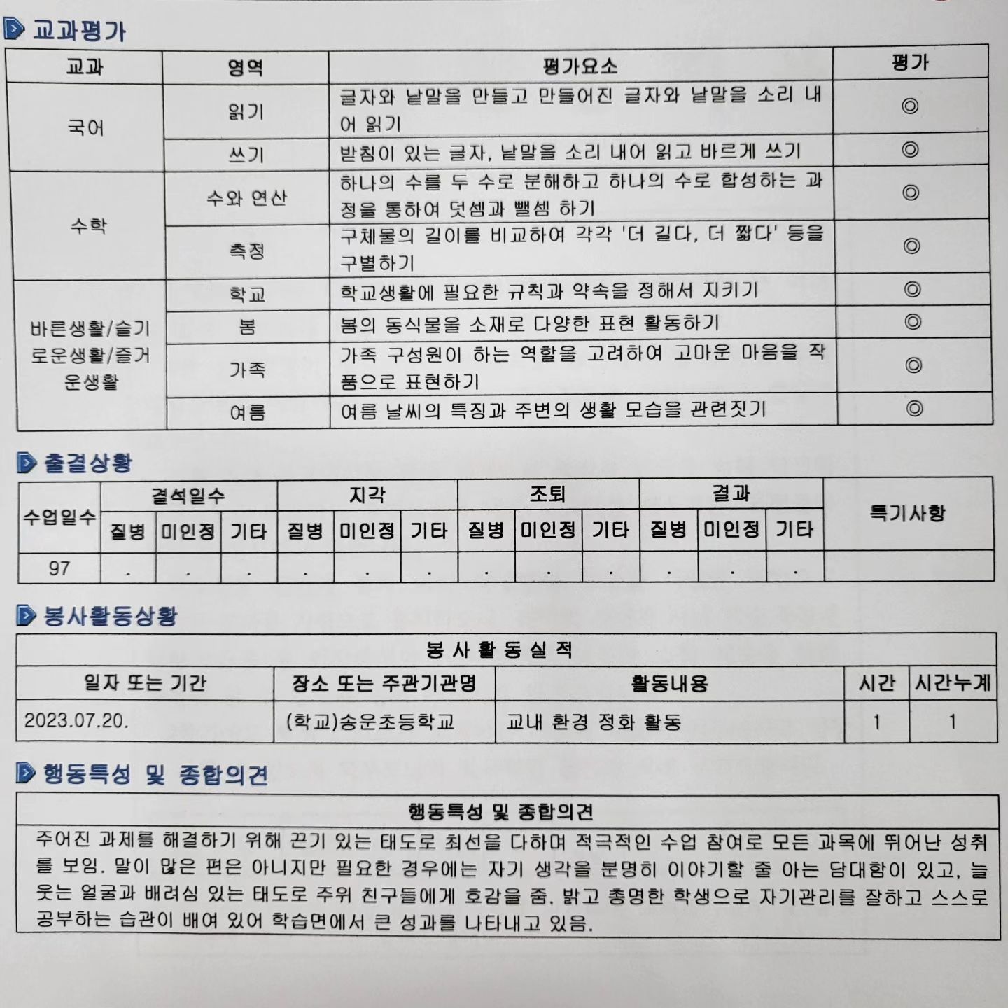 #유라그램#1학기끝#생활통지표
_
많은 분들께서 전피드를 보시고 디엠이며
댓글이며 아니면 제 폰으로 연락주셔서
저와 같은 마음으로 화내주시고 토닥여주셨어요
정말 정말 감사드립니당🫶🏻
_
유라는 다행히 트라우마나 PTSD 같은 증상들은
전혀 없이 아주 생활을 잘 이어나가고 있고
다행인지불행인지 바로 방학을 시작하는 바람에
그 아이와는 한 달여동안 떨어지게 되었어요
(그 아이는 방학동안 돌봄교실 이용🙅🏻‍♀️)
유라도 조금은 더 편하게 등교하고 있습니다 :)
_
마음이 심란하고 복잡한 와중에 받게 된
유라의 1학기 생활통지표는 그나마 
좀 환기할 수 있는 기회가 되어주었어요.
가져온 교과서들도 면밀히 살펴보니
알고 했는지 모르고 했는지는 모르겠지만
열심히 수업에 참여했다고 느껴질 정도의
흔적들이 아주 많더라구요😊
1학기 동안 적응하랴 공부하랴 힘이 들었을텐데
그래도 꾸준히 노력해준 유라가 대견스러웠어요🫶🏻
_
선생님께서 좋은 점만 가득 써주셔서 감사하면서도
요즘 사건들을 보면서 혹시나 모자란 부분은 
차마 못 써주셨을까 걱정도 되고... 그러네요😭
방학동안 집에서 더욱 꼼꼼히 교육해야겠다
하는 생각을 하며 엄마의 1학기도 마감하려구요
_
우리 아이들 방학동안 계획이 있으실까요??
혹시 아직 없다면 방학동안 짧은 계획이라도
세워서 짧은 챌린지 도전은 어떠세요??
저는 유라랑 영어나 독서 관련 
챌린지에 도전해보려구요🩷
_
날씨가 덥고 습도가 높아요
건강 유의하세요🫶🏻
