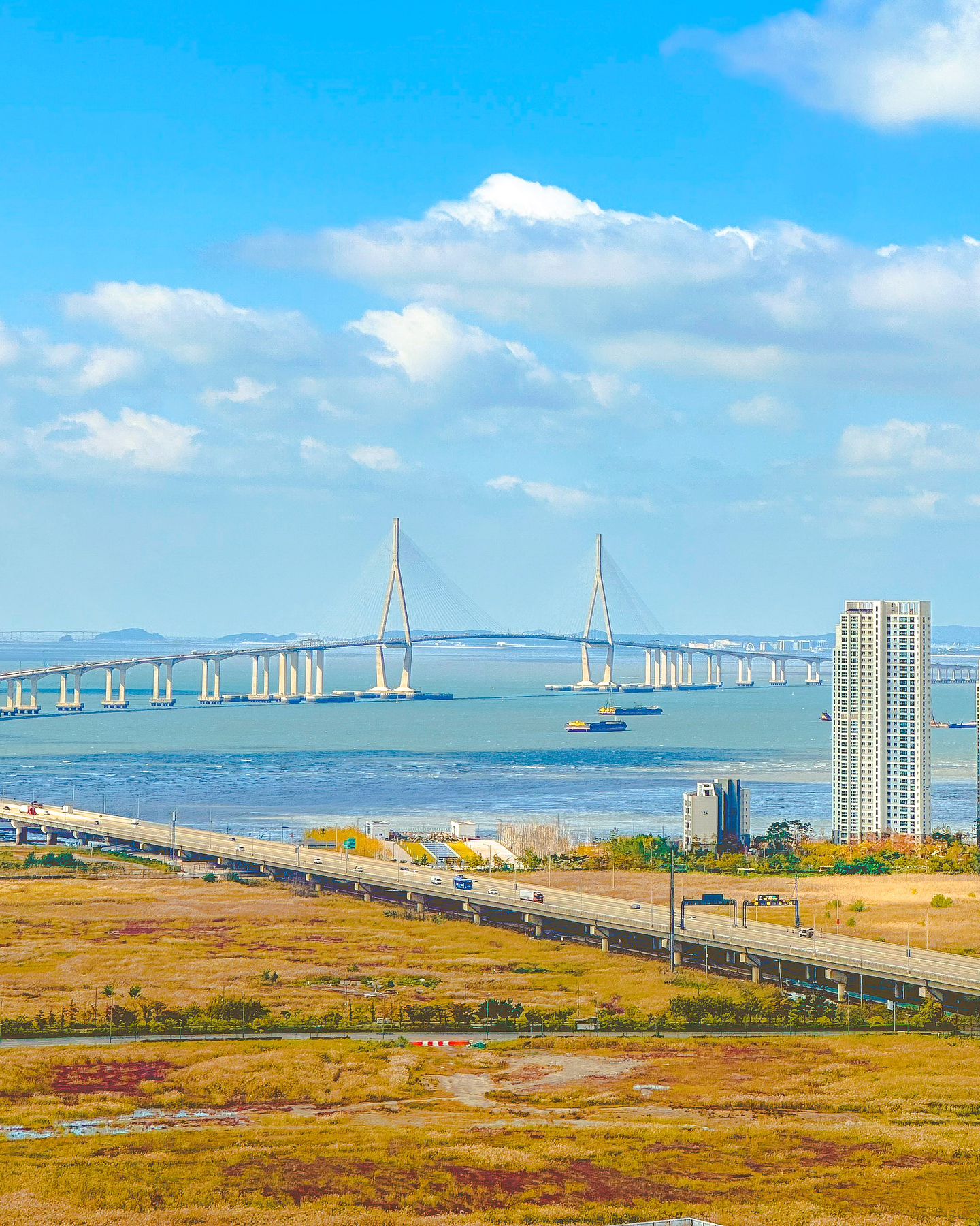 한국에서 가장 긴 다리, 인천대교의 가을🍁
Incheon Bridge; the longest bridge in Korea🇰🇷

갑자기 추워진 날씨에 가을인가 겨울인가 싶은 요즘,
바다의 가을 풍경을 담아왔어요🍁

이곳은 한국에서 가장 긴 다리로 유명한 그 곳 !
세계에서 7번째로도 긴 다리라는 이 곳은 바로
인천 송도에서 영종도를 잇는 인천대교에요🌁

인천에서도 도시풍경이 아름답다는 송도에서
바다를 바라 본 방향인데요☺️
주변의 가을색 들판과 함께 보니 더욱 가을 분위기가 
가득한 느낌이더라구요🙌🏻

확 추워지기 전에 좀 더 가을을 즐겨보고 싶네요🍁

🌁 송도랜드마크푸르지오시티에서 바라 본 인천대교
▪️인천 연수구 아트센터대로168번길 101
(송도달빛축제공원역 4번출구 인근)

#인천대교 #인천대교뷰 #인천송도 #인천여행 #인천여행코스 #인천광역시 #incheonkorea #incheonbridge 

Copyright (C) ⓒ by travelwithsera .
All pictures cannot be copied without permission.