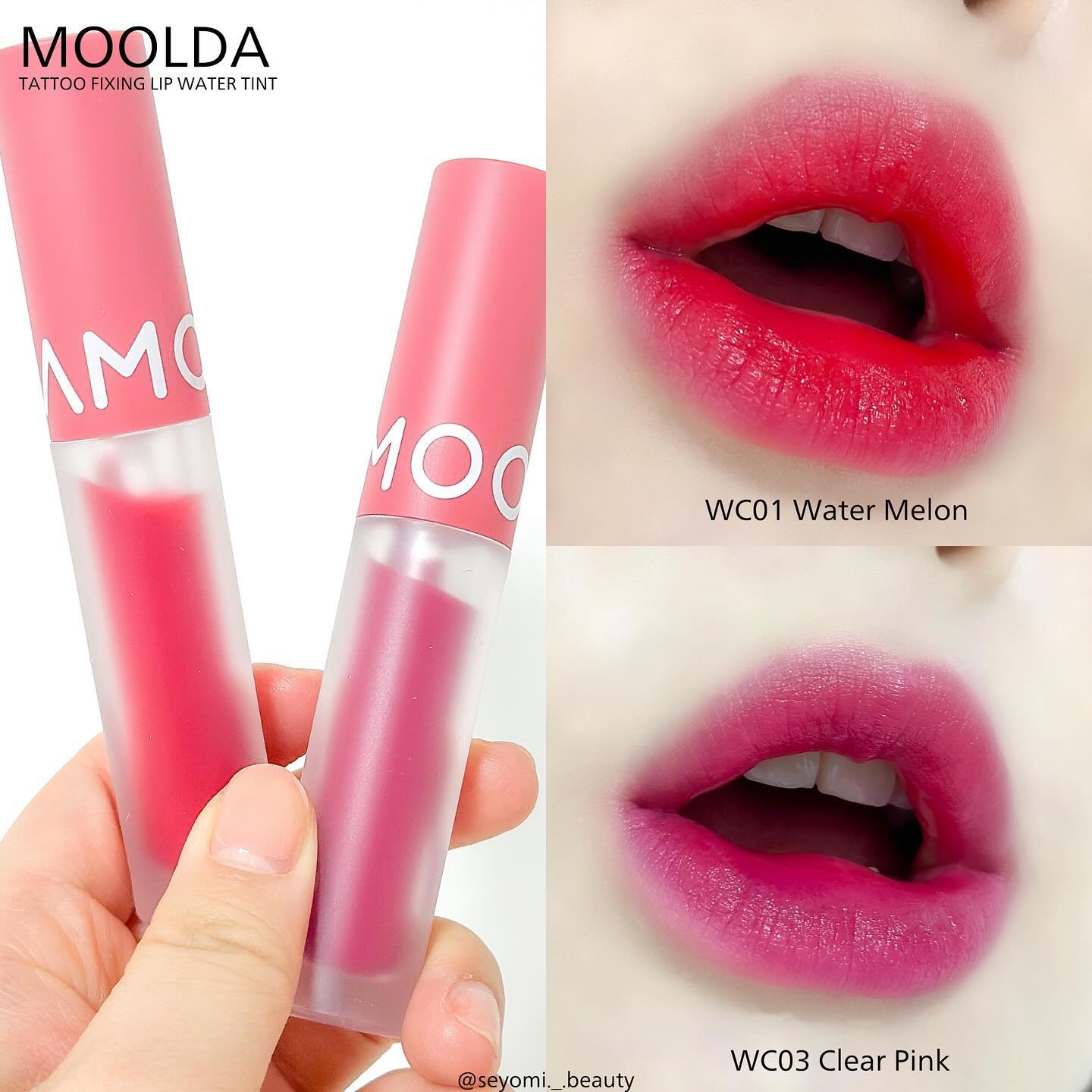 #물다틴트 #타투픽싱립워터틴트 moolda_official 

입술 속 깊이 스며드는 수분 가득한 워터 컬러로 발린 발색 그대로 착색 되어 장시간 유지시켜주는 물다 틴트 뉴컬러를 가지고 와봤는데요.

자연에서 온 10가지 다채로운 원물이 입술 위 촉촉하고 선명하게 요플레 현상 없이 자연스럽게 스며들어 오랜시간 컬러 그대로 유지 시켜줘요.

내 톤에 딱 맞는 나만의 컬러 찾기 도와주는 10가지 컬러로 나왔는데 저는 그 중 2가지 컬러를 가지고 왔답니다!

WC1 수박주스 : 빨갛게 잘 익은 수박을 한입 베어 물은 듯 수분 가득한 워터 멜론
WC3 베리 에이드 : 톡 쏘는 에이드처럼 맑고 청량한 쿨 핑크

강력한 착색으로 지속력 최고인 워터틴트로 컬러감이 그대로 유지되는게 진짜 신기했는데요. 컬러 발색 위로 식물성 보습 4종 성분이 보습막을 씌워 오랫동안 유지시켜주는거래요.

컬러감도 쨍하니 겨울에 쓰기 좋은 컬러로 오랫동안 지워지지않는 워터틴트 찾으신다면 물다틴트 완전 추천이에요:)

#인스타리뷰의무없음 #물다 #moolda #워터틴트 #지속력좋은틴트 #틴트 #틴트추천 #쿨톤틴트추천 #쿨톤틴트