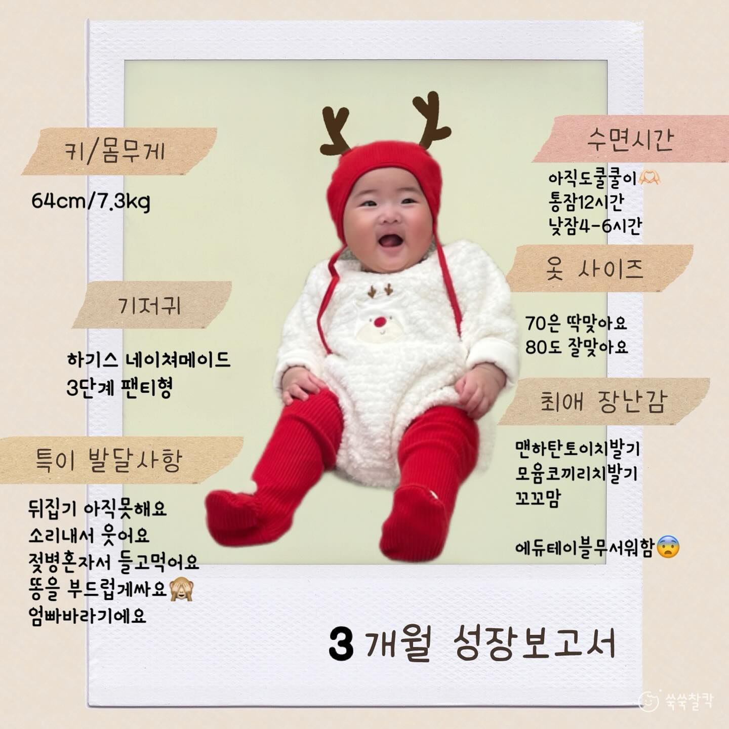 ⠀
⠀
게으른 엄마는 이제서야 만들었드아,,
11일이나 지난 3개월 성장보고서🐣
⠀
세라는 오늘로 133일차!
하지만 아직 뒤집기를 못하는 효녀,,?랍니다
조금 걱정하긴했지만 6개월안에만 하면
문제없다고해서 걱정안하고있다;)
⠀
추가로 수유 일4회 총량924ml를 유지중
점점 오동통통해지는 기분🐽
⠀
4개월도 건강하게 지내자아💛
⠀
⠀
⠀
⠀
⠀
⠀
⠀
#육아 #육아소통 #육아일상 #육아스타그램 #육아일기 #육아정보 #육아그램 #육아소통환영 #흑토끼띠 #육아맘 #육아맞팔 #육아맘일상 #육아정보공유 #육아중 #성장보고서#3개월성장보고서