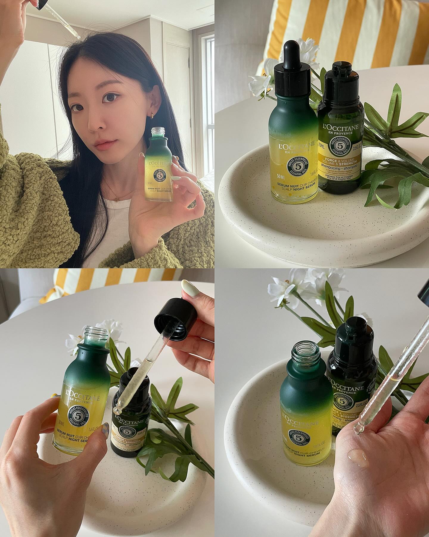#광고 loccitanekorea

모발 케어의 핵심은 두피케어인데요! 풍성하고 건강한 모발을 위해선 결국 두피 케어가 필수라서 록시땅 NEW ’스칼프 나이트 세럼‘ 을 만나봤어요💛💚 일명 SOS* 스칼프 세럼 *Save Our Scalp 라고 불리우는데요 3월 4일에 출시될 제품이라니😍
젖은 염색과 펌으로 자극 받은 민감성 두피나 간지러움에 시달리는 문제성 두피, 냄새나는 유분기와 두피 각질로 모공이 갑갑한 두피, 가늘고 힘 없는 모발 분들에게 추천드려요

고농축 에센셜 오일 함유되어 두피에 집중 영양 공급되거든요? 끈적임 없이 빠르게 흡수되는 산뜻한 마무리감이 좋았고 떡지지 않아서 더 좋았던! 다섯가지 허브가 조화를 이룬 5 에센셜 오일 향으로 편안함을 선사해주고, 활성 성분 나이아신아마이드가 함유되어 두피 장벽 강화에 도움을 준답니다! 게다가 모발 강화에 도움을 주는 아르기닌 함유로 두피와 모발의 상태를 탄력있고 건강하게 만들어줘요~ 자연유래 성분으로 두피진정까지 해주니 말 다했죠⭐️
 
STEP 1 오일이 잘 섞일 수 있게 제품을 흔들어 줍니다.
STEP 2 헤어라인을 따라 7-8방울 도포합니다. 
STEP 3 손 끝으로 원을 그리며 두피에 잘 흡수될 수 있도록 머리 앞 쪽과 옆 쪽을 마사지  합니다. 
STEP 4 목 뒤 헤어 라인을 따라  4-5방울 도포합니다. 
STEP 5 손 끝을 이용하여 목 뒤에서부터 정수리 방향으로 가볍게 지압하며 세럼이 두피에 충분히 흡수되도록 마사지합니다.
 
 ⭐️록시땅 공식 홈페이지⭐️
https://kr.loccitane.com 온라인이나 전국 록시땅 오프라인 매장에서 만나볼 수 있어요💛💚

#록시땅 #록시땅헤어 #스칼프나이트세럼 #SOS스칼프세럼 #두피강화세럼 
#두피관리 #두피케어 #헤어케어 #싱글즈 #인품사
