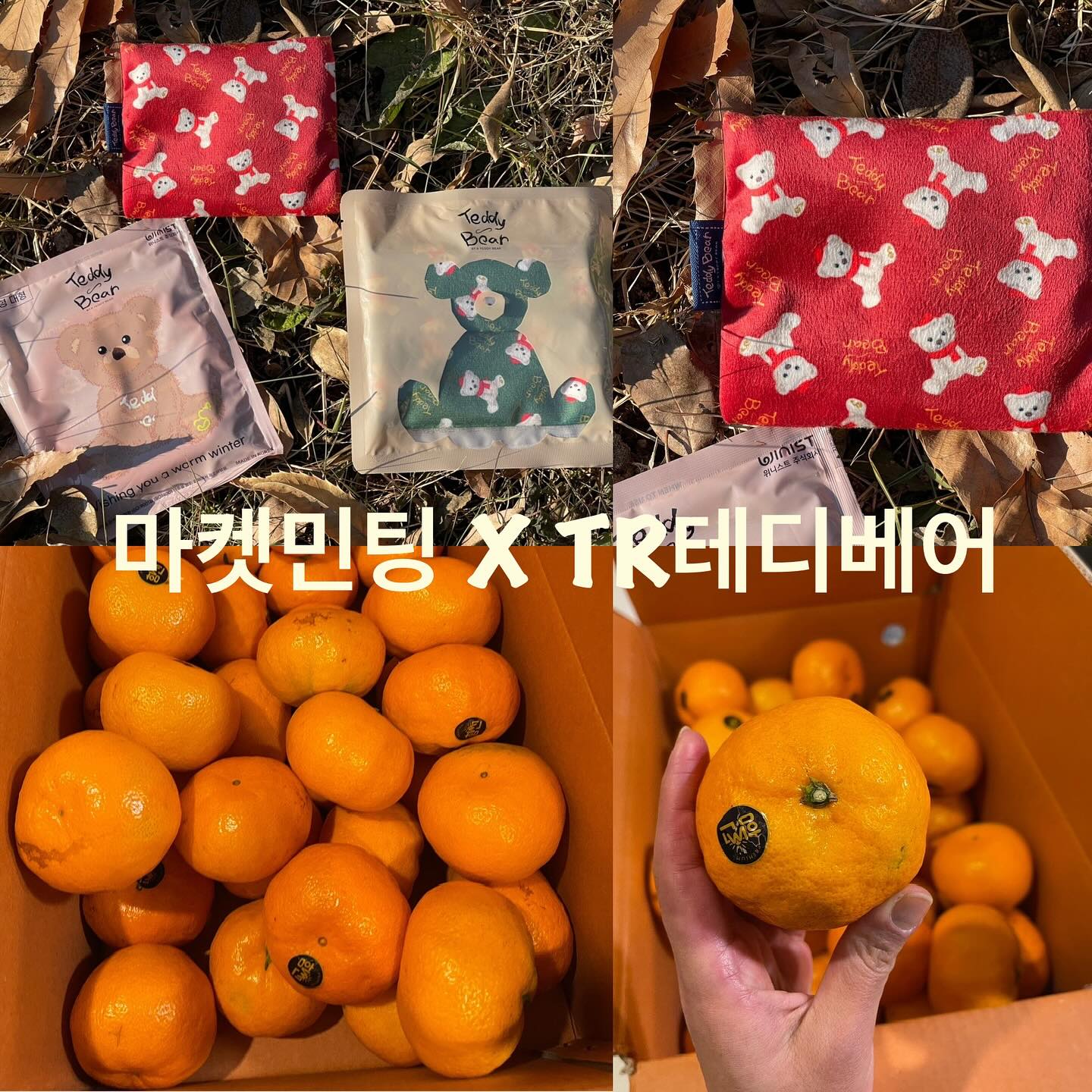 🌈마켓민팅 연말감사이벤트

날씨가 점점 쌀쌀해지면 새콤달콤🍊귤이 자꾸 끌리는데요
집에서 따듯하게 이불덮고 까먹는 귤맛은🍊 그냥 행복😍

12브릭스 이상 고당도 힘썬 제라진 블랙라벨 점보귤
올해 가장 착한 가격으로 한시적 행사와 함께! 
손시려운 내손에 온기를 전해줄 TR테디베어 핫팩파우치와 핫팩을
함께 보내드릴께요😎😎😎😎😎

핫팩파우치는 무려 국내생산!!!!!
현재 TBA studio 스토어팜에서 판매하는 상품이고
주머니에 넣고다니며 잘못하면 찢어져 철가루가 튀어나오고
이염 및 저온화상등의 이슈가 있어 주의가 필요한 핫팩!!
조금 더 안심하고 사용하세요🙏

#연말감사제 #마켓민팅 #힘썬귤 #제라진귤 #tr테디베어 #tr테디베어핫팩파우치 #핫팩파우치 #madeinkorea #event #귤 #제주감귤 #맛있는귤 #인생귤 #🍊