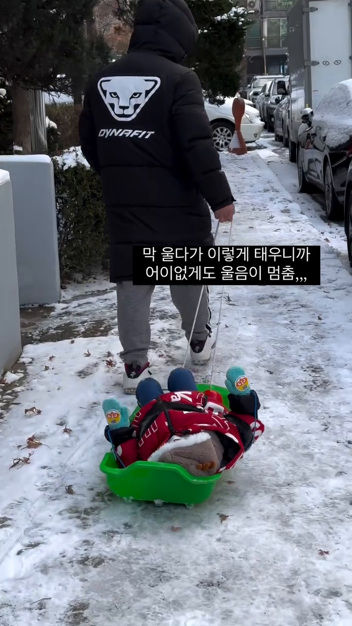 눈 많이 온 다음날,
눈썰매 타러 나갔는데
낮잠을 안자서 지 맘대로 안되니까 찡찡대마왕 되버림,,
집에 들어가자고 하면 싫다고 찡찡찡🤯
이러고 가니까 조용해짐,,
.
#아들스타그램 
#눈썰매