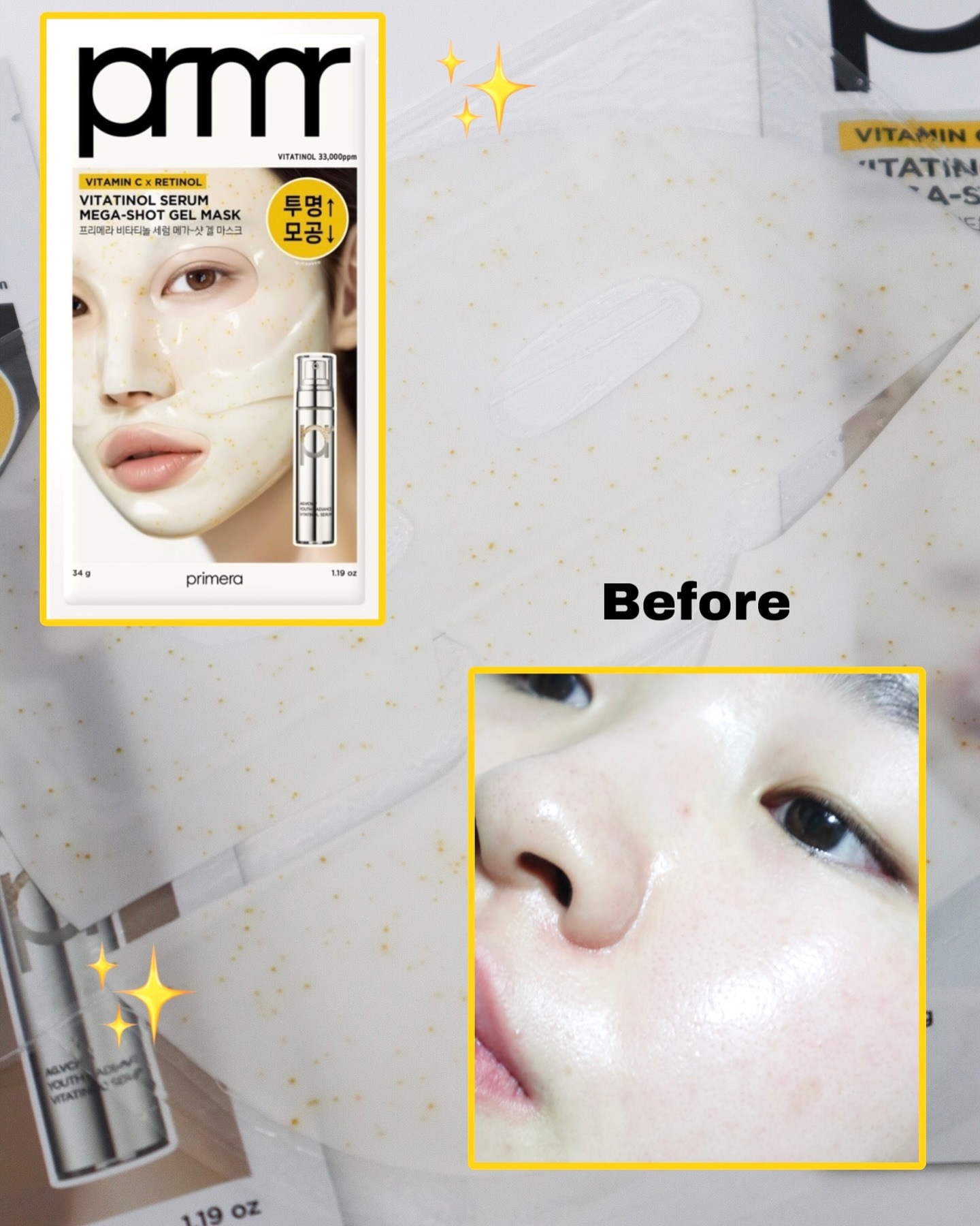 #광고

💛프리메라 비타티놀 세럼 메가-샷 겔 마스크💛

💟34g × 5ea
__________________________________________
#프리메라 #비타티놀메가샷 #올리브영추천템
요즘 대세는 속광! 여름에 한껏 칙칙해진 피부를
속부터 빛내줄 고함량! 고효능! 프리메라의
비타티놀 세럼 메가-샷 겔 마스크 가지고 왔습니당!
-
✨비타티놀 세럼 한 병을 그대로 담았다!
비타민C와 레티놀의 메가 시너지!
세럼 한 병 분량의 비타티놀 33,000ppm 함유
++투명도 UP!
++모공 개선
 
✨고함량 유효성분 전달을 돕는 리포좀 공법!
비타민 캡슐이 콕콕 박혀 있는 겔 마스크로
피부 깊숙이 도달할 수 있는 리포좀 공법을 사용
하여 만들어졌습니다!
++겔마스크가 투명하게 변하면 유효성분 흡수 완료!

✨효능 UP! 자극 DOWN! 프리메라의 비타티놀 케어!
프리메라의 피부 장벽 강화 성분인 씨드 펩타이드와
고함량 비타티놀이 함유된 저자극 고효능 케어!
-
🤍총평🤍
제가 겔 마스크를 좋아하는 이유! 바로 에센스가
뚝뚝 흐르지 않지만 수분보습 영양은 확실히
전달해주기 때문인데요! 그래서 프리메라 비타티놀
세럼 메가-샷 겔 마스크도 기대감에 가득 차 사용해
봤습니다! 겔 제형으로 피부에 들뜸없이 착! 잘 달라
붙고 콕콕 박혀 있는 비타민 캡슐이 신기했던 마스크!
저는 겔마스크 수면팩으로 사용하는 거 좋아해서
이번에도 붙이고 자봤는데 아침에 바짝 마른 거 
뗀 후 피부 광보고 깜짝 놀라버렸어요!
화사해진 피부+피부 속광&겉광 여러각도에서 광이
촤라라 나더라구요! 모공에도 도움이 된다해서
그 부분도 기대하고 있었는데요 전 후 사진으로 비교
하고 보니 효과 차이가 보이더라구요! 꾸준히 사용하면
더 좋을 거 같아요! 세럼 한병을 다 담아서 그런지 이거
팩 하나로도 건조하다는 느낌을 못받았어서 나이트
케어 하나로 끝내고싶으신 분들과 평소에 피부에
건조함을 많이 느끼시는 분들에게도 추천드릴테니
한번 사용해보셔요!
-
#15그램 #15그램뷰티 #15그래머
#비타티놀세럼메가샷겔마스크
#붙이는비타티놀 #비타티놀마스크 #속광마스크
#화잘먹마스크 #마스크팩추천 #올리브영마스크팩